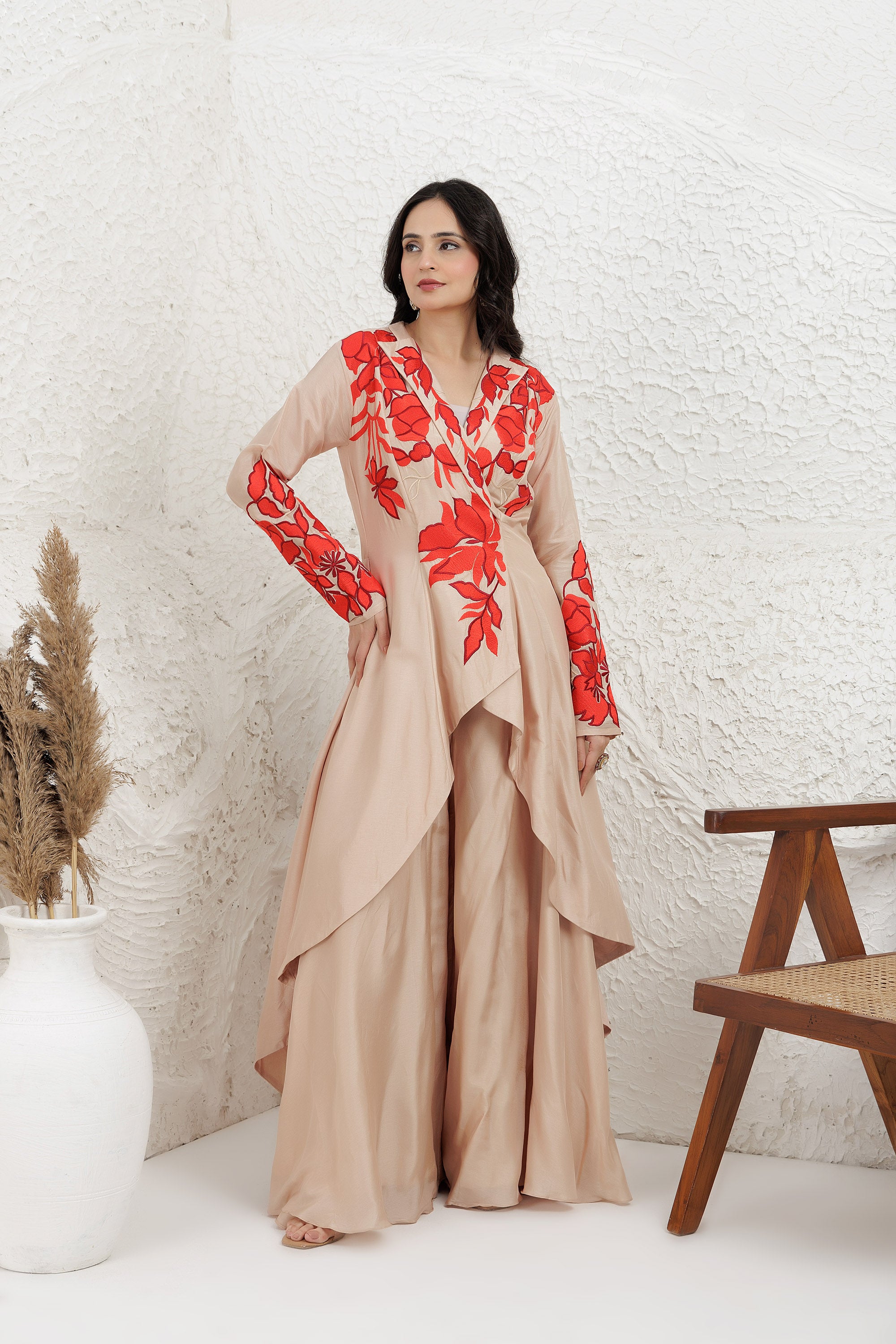 Beige Bemberg Silk Applique Embroidered High-Low Dress With Palazzo Set