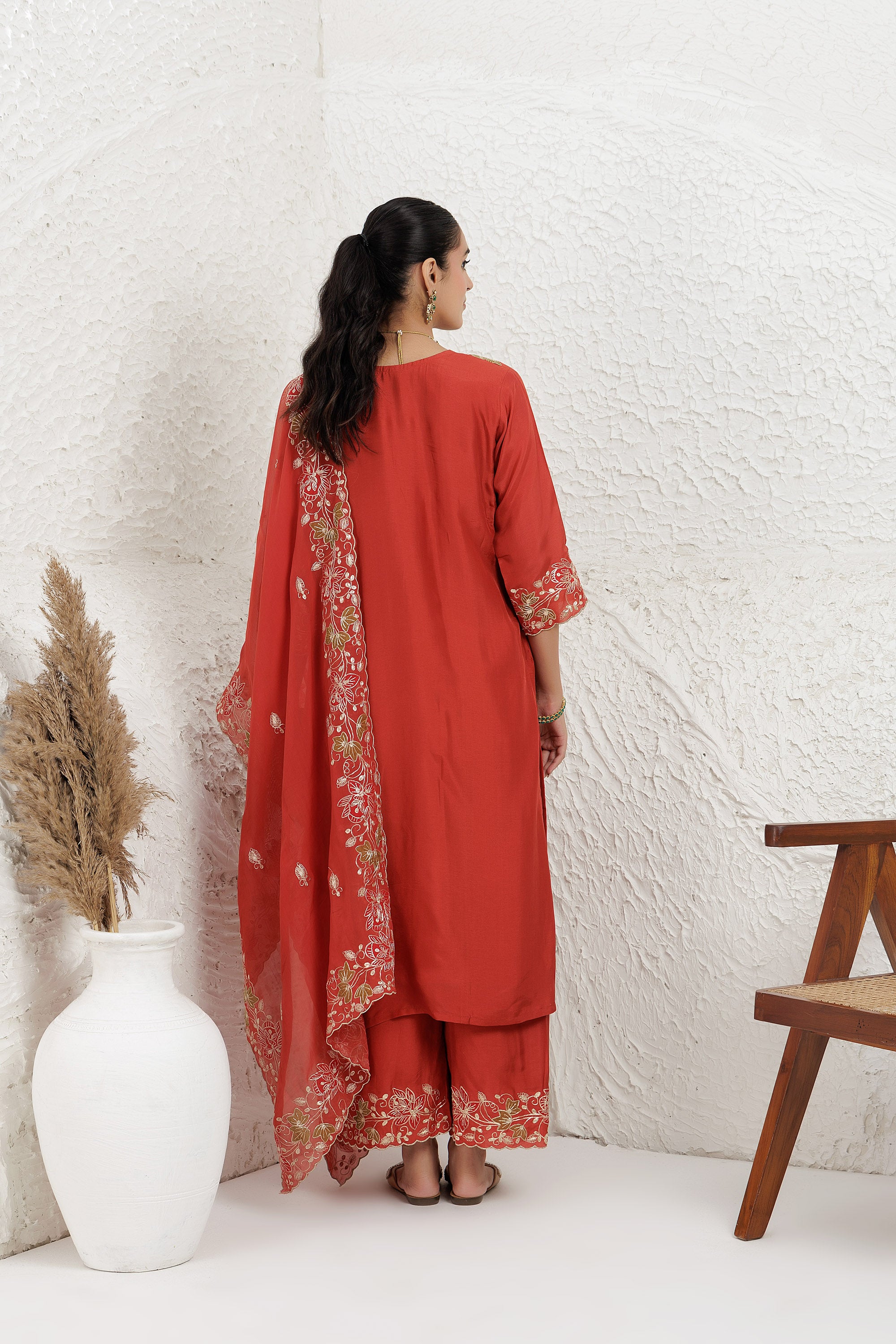 Rust Russian Applique Work Kurta Set