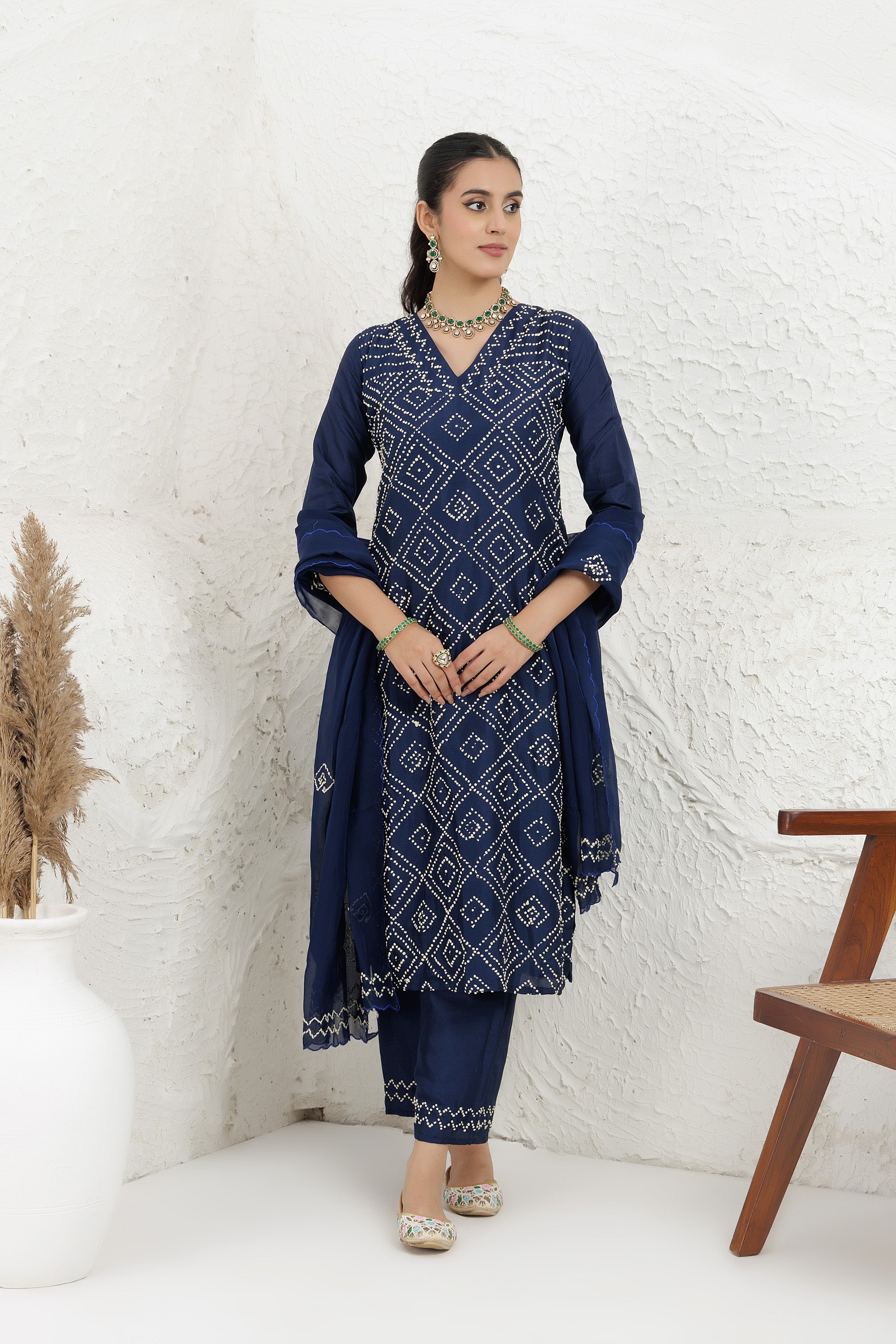 Blue Russian Silk Hand French Knot Embroidered Kurta Set