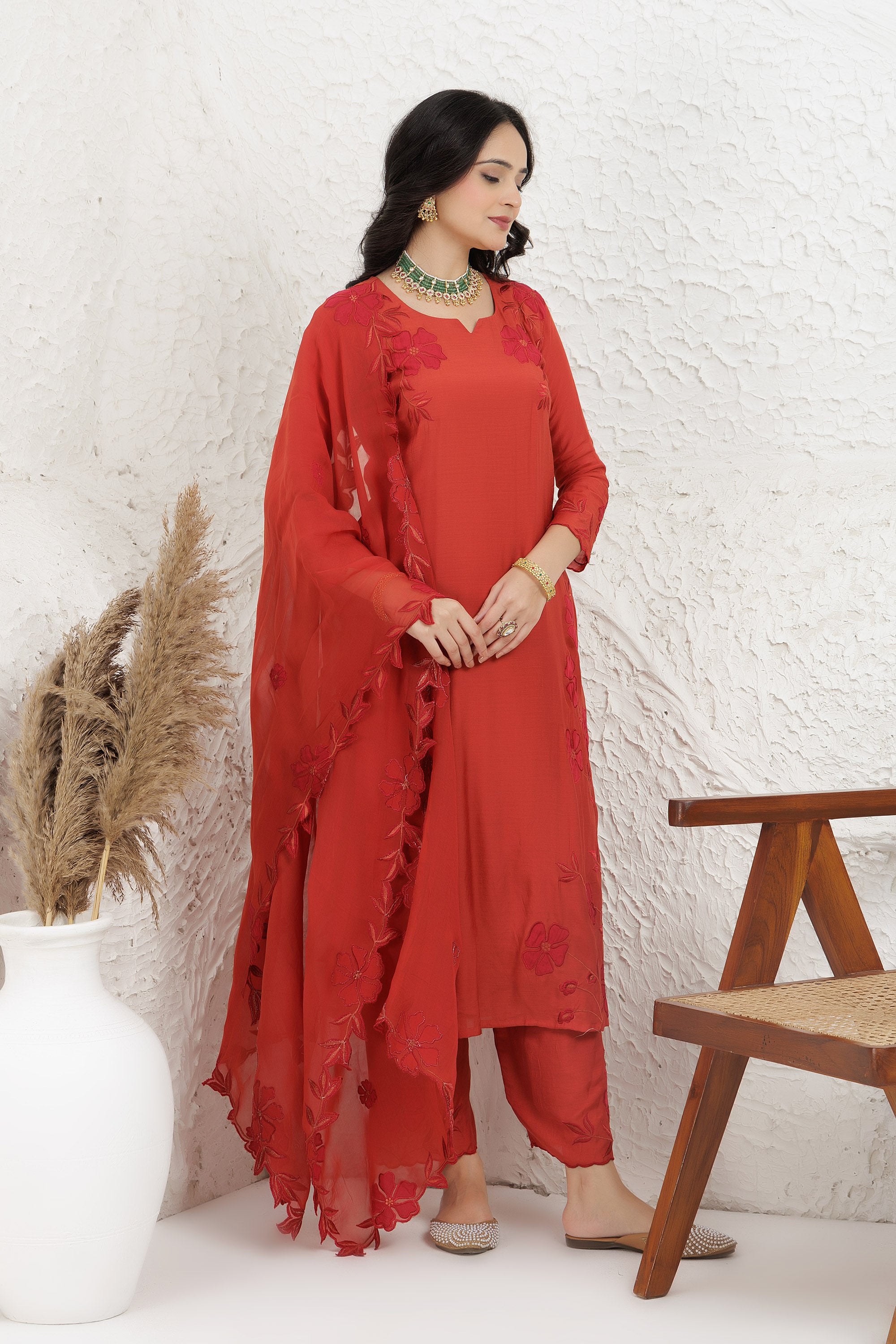 Rust Silk Muslin Applique Work Kurta Set