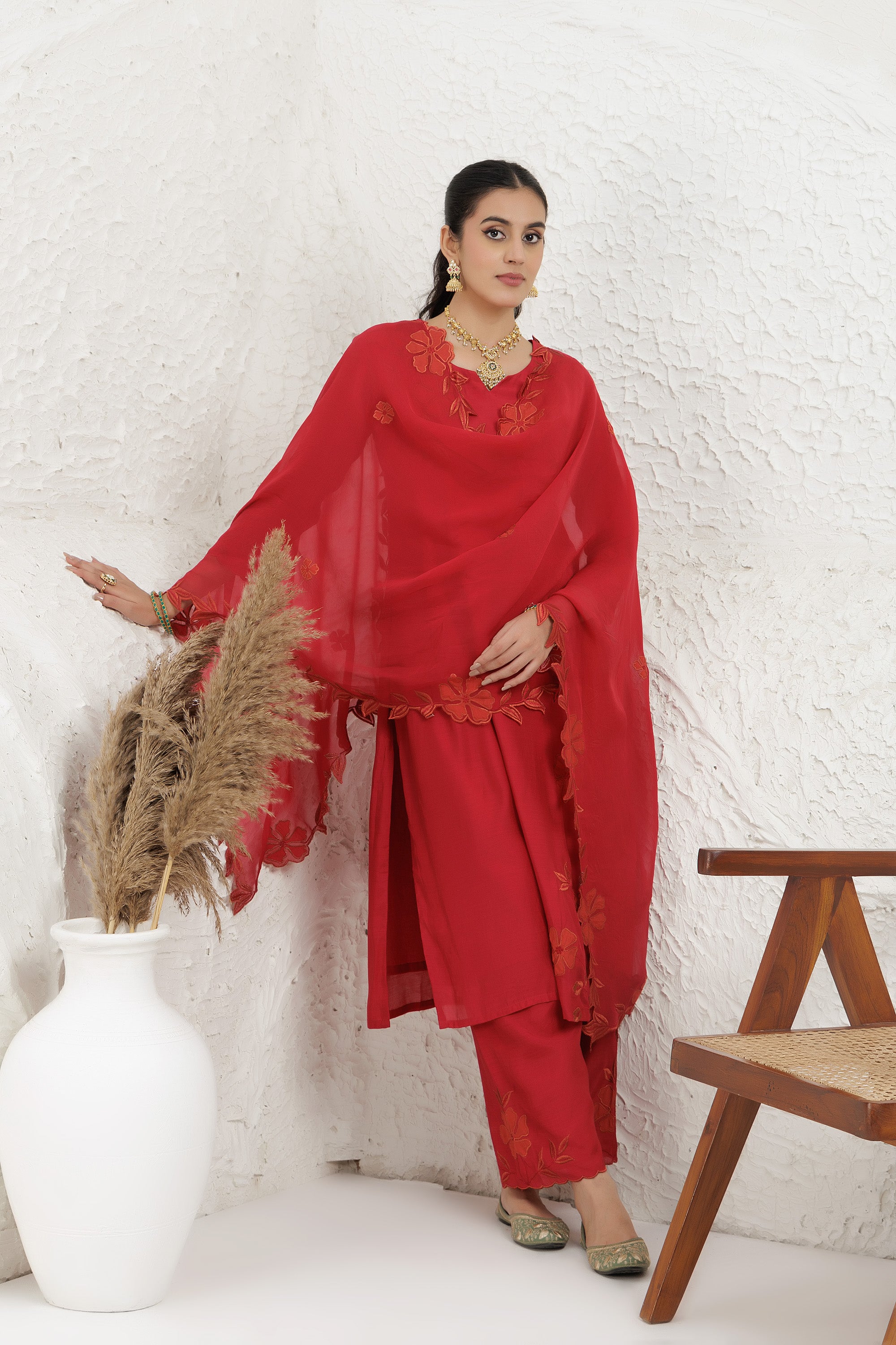 Red Silk Muslin Applique Work Kurta Set