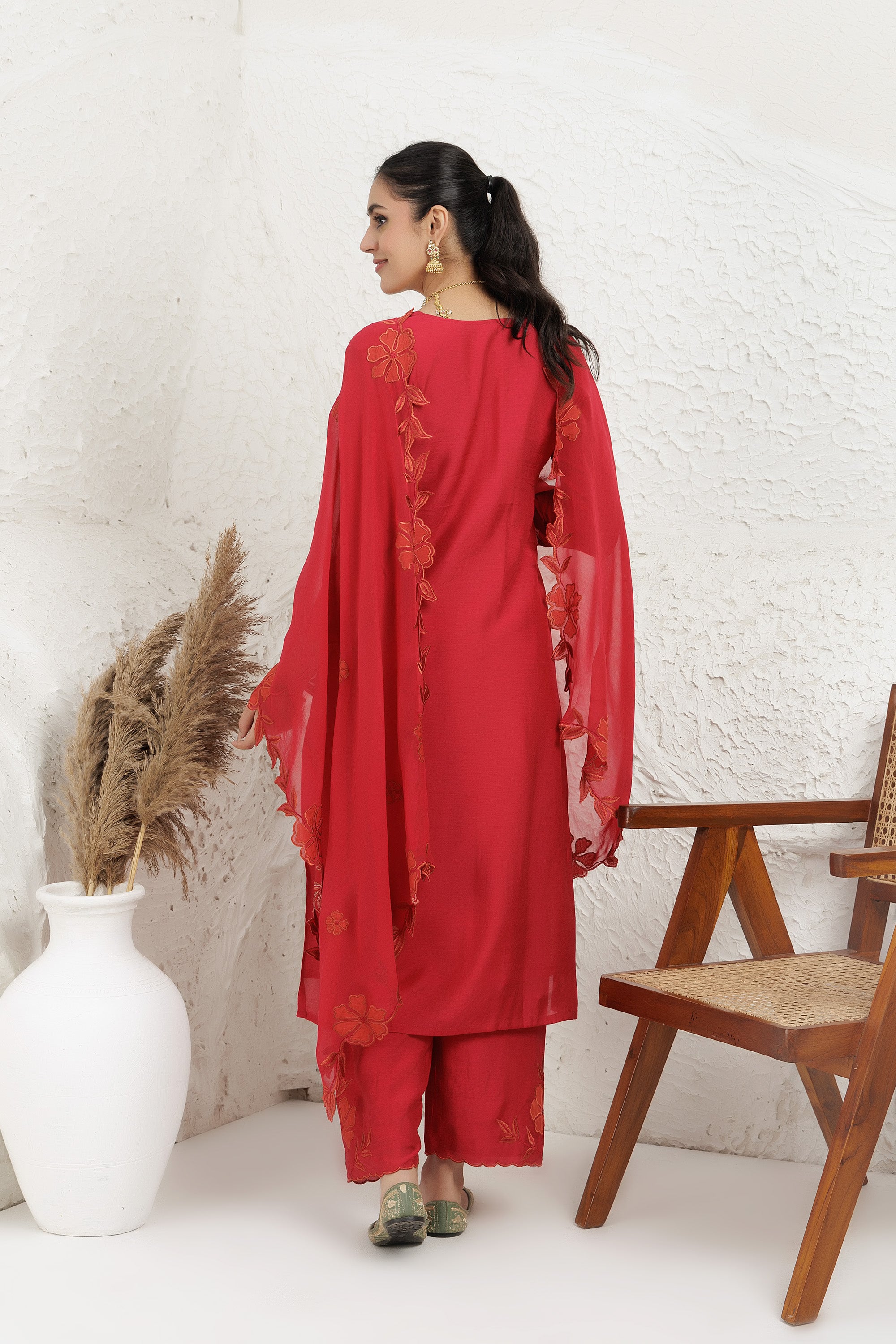 Red Silk Muslin Applique Work Kurta Set