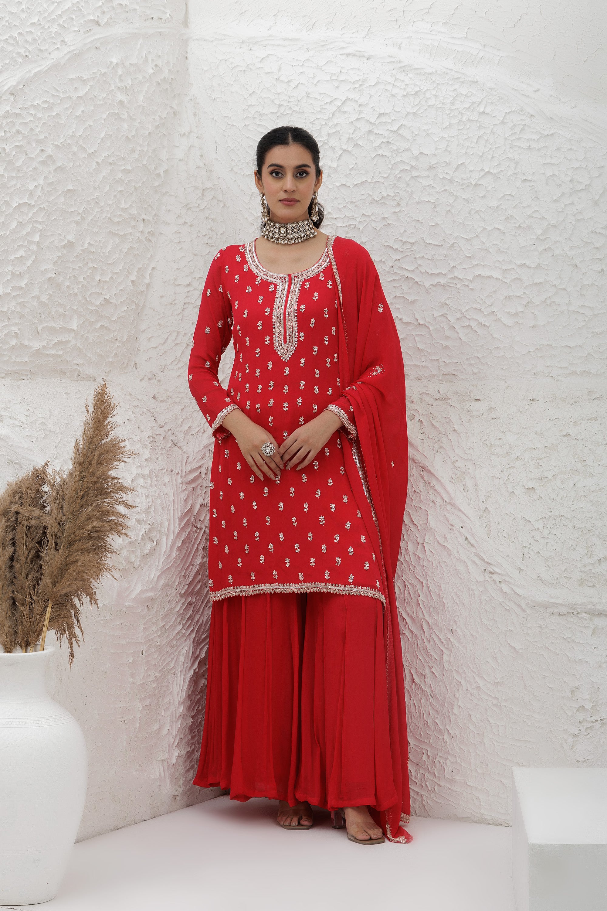 Scarlet Red Chinon Georgette Embroidered Sharara Suit Set.
