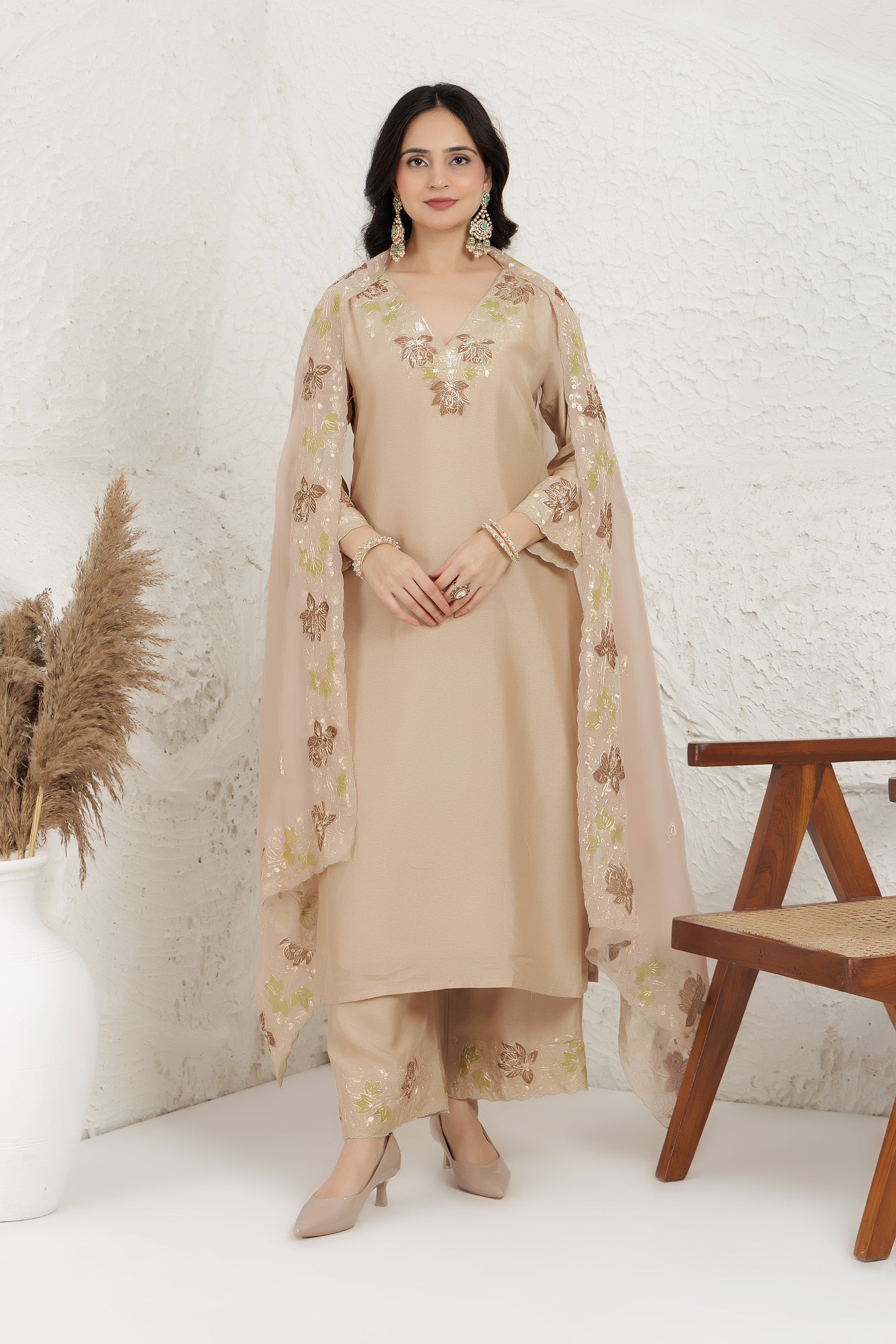 Beige Russian Silk Applique Work Kurta Set