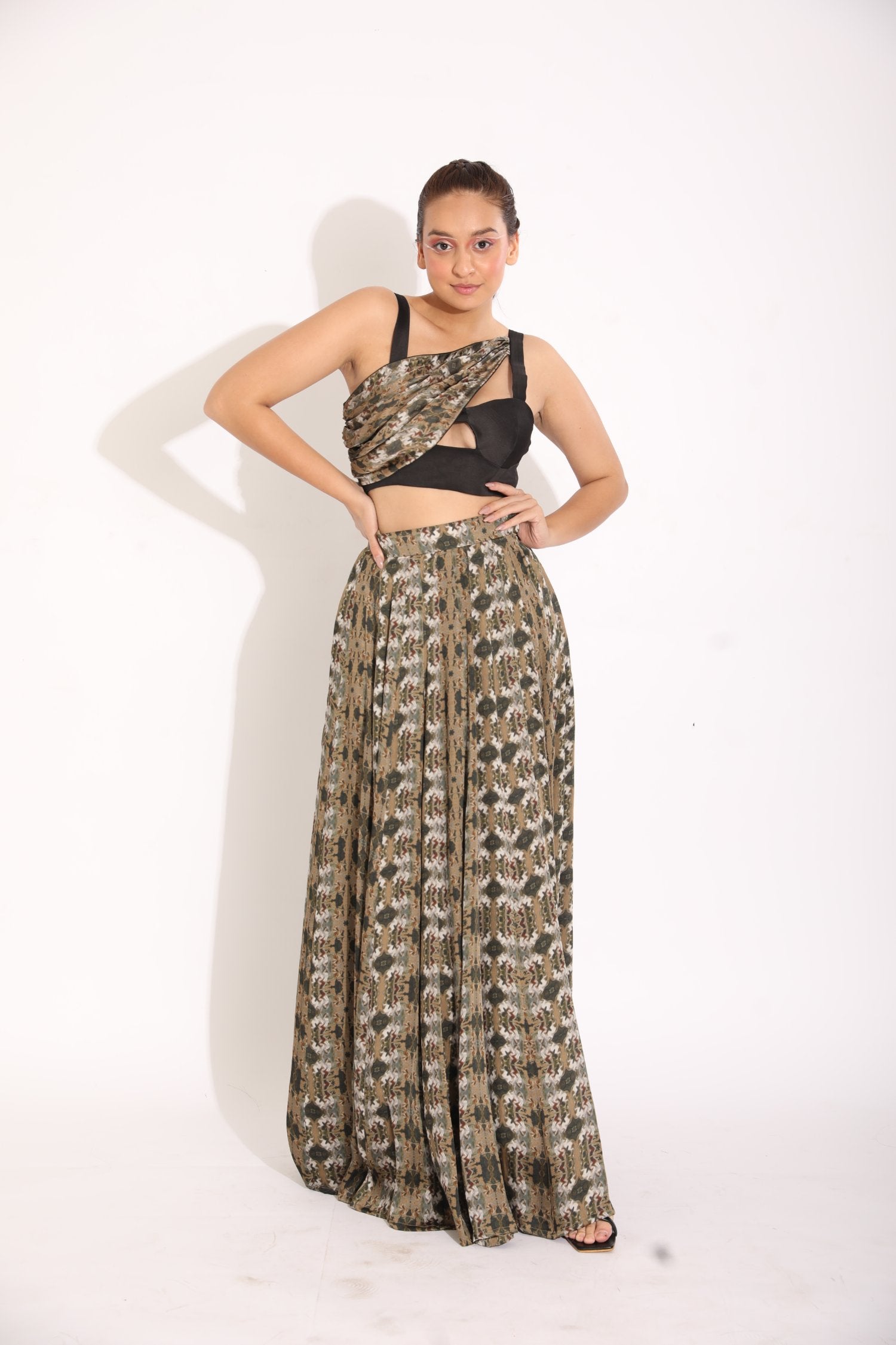 Printed Drape Blouse With A Kalidar Skirt
