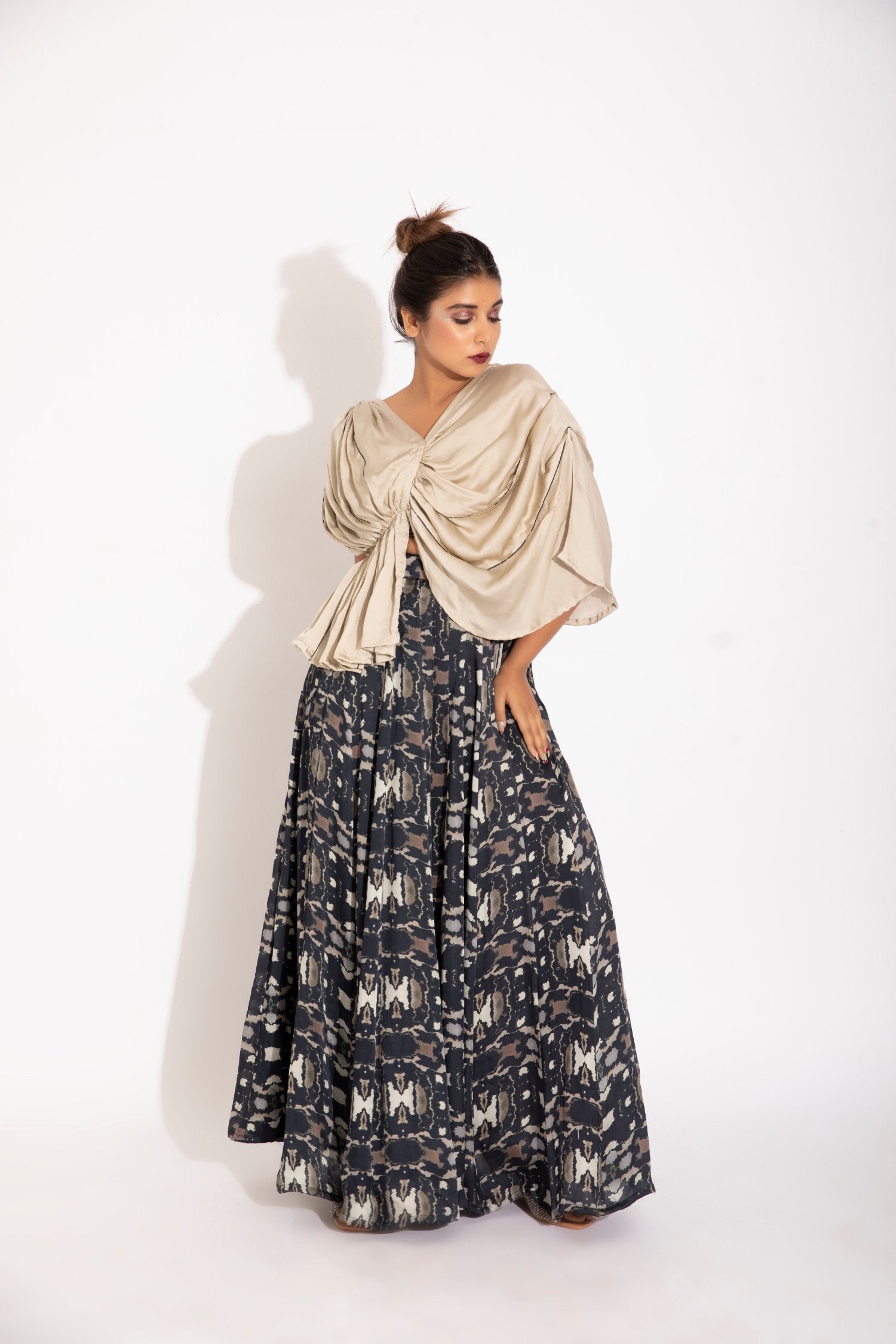 Printed Drape Blouse With A Kalidar Skirt