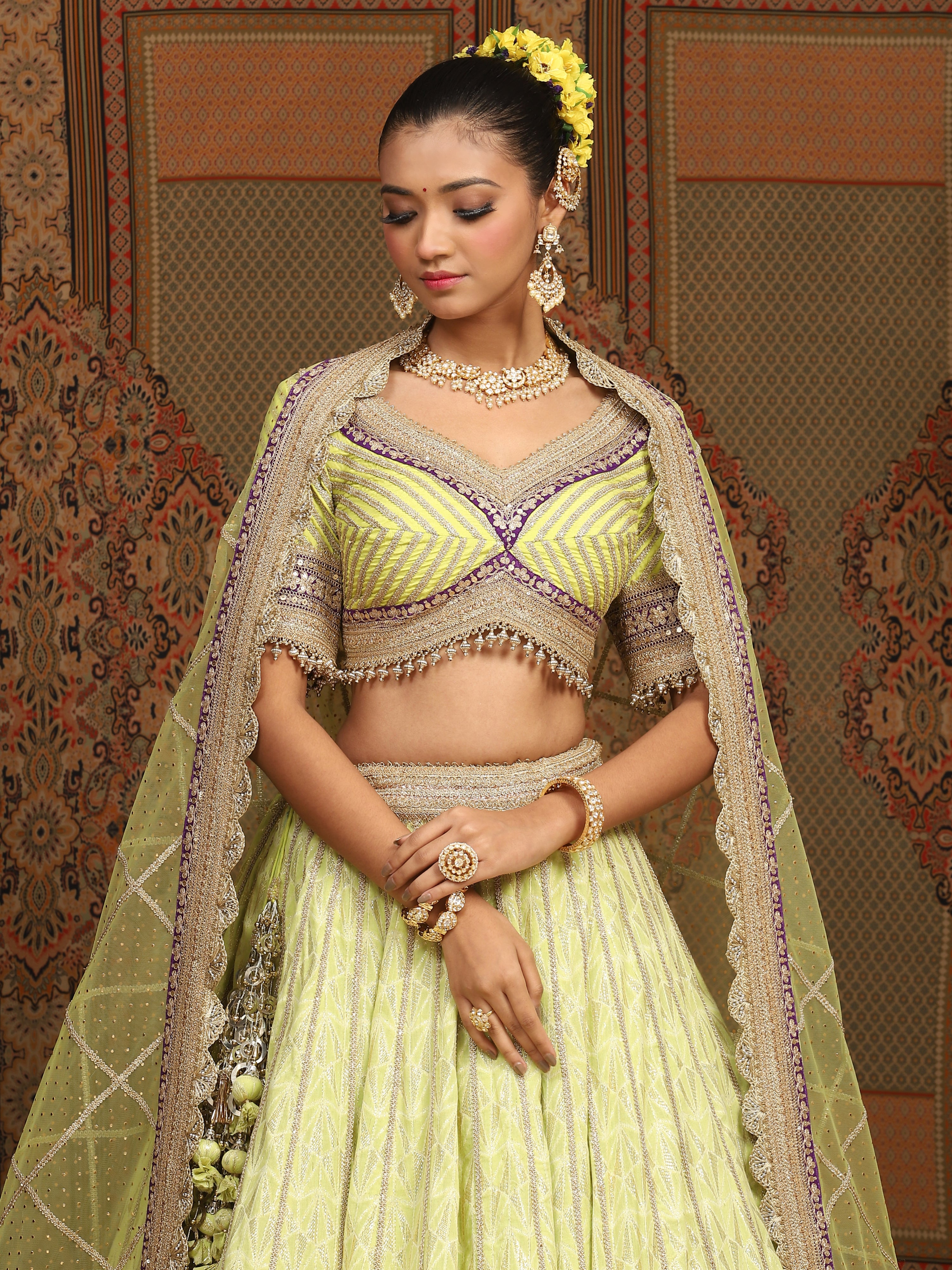 Light Pea Green And Purple Lehenga Set