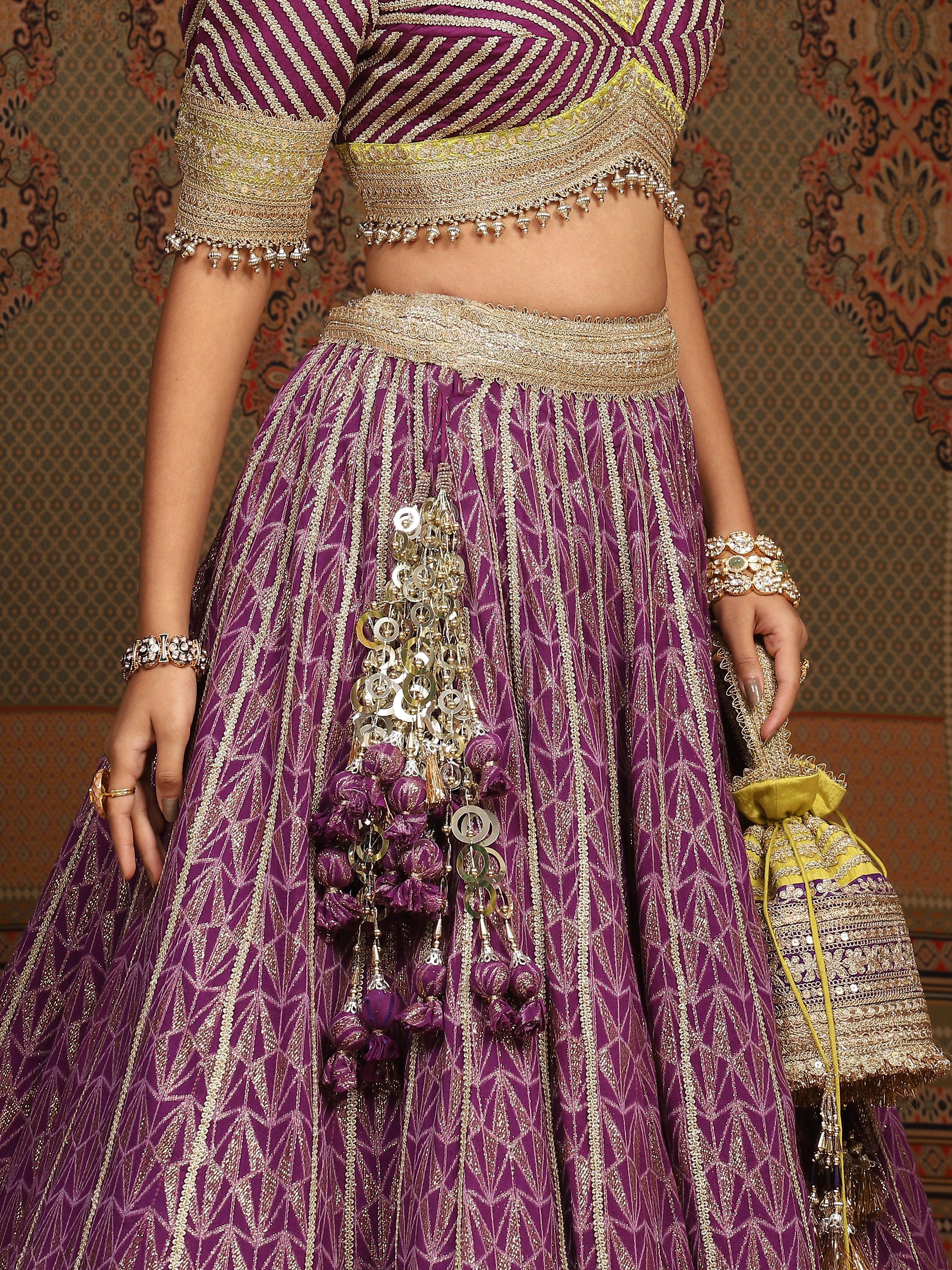 Purple And Lemon Green Lehenga Set