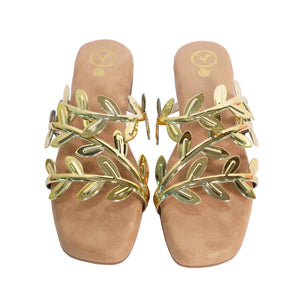 Gold Alia Bhatt Faux Leather Open Toe Gold Leafy Flat