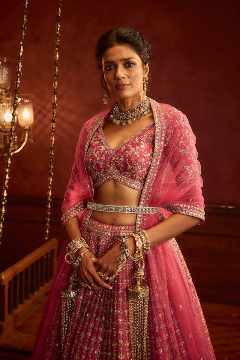 Rani Pink Raw Silk Hand & Machine Embroidered Lehenga Set