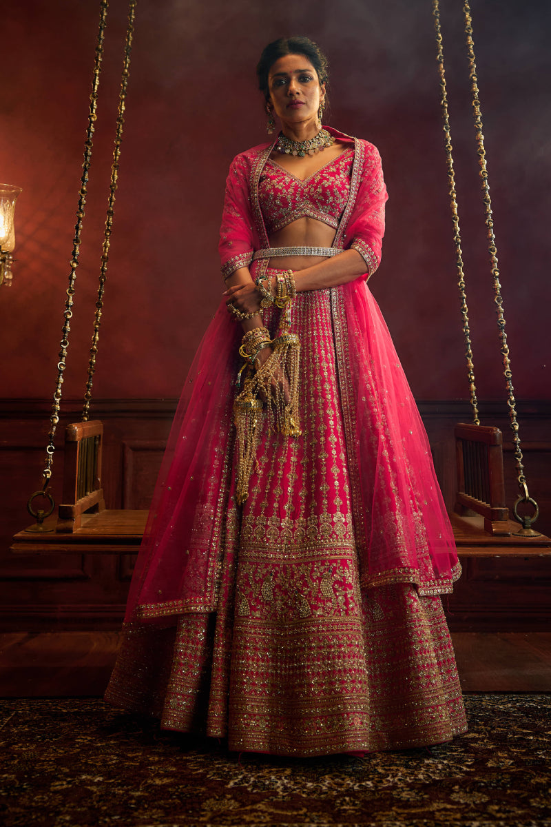 Rani Pink Raw Silk Hand & Machine Embroidered Lehenga Set