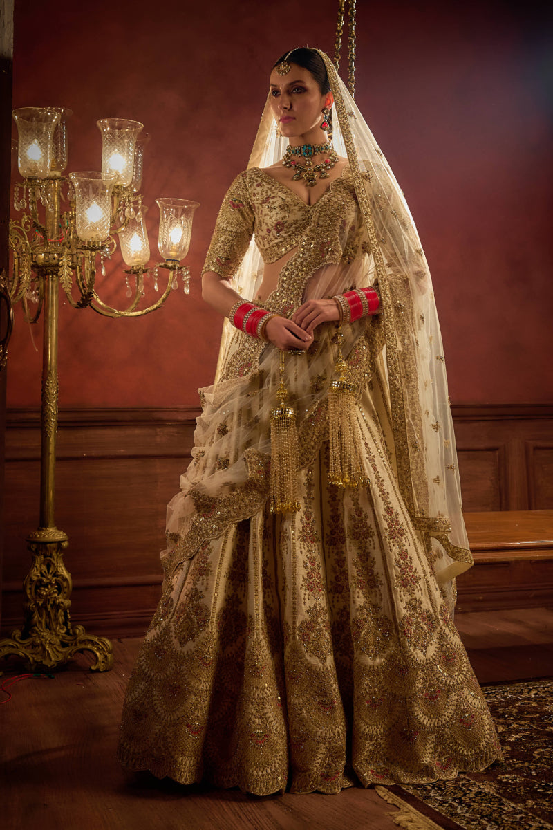 Ivory Raw Silk Hand & Machine Embroidered Lehenga Set