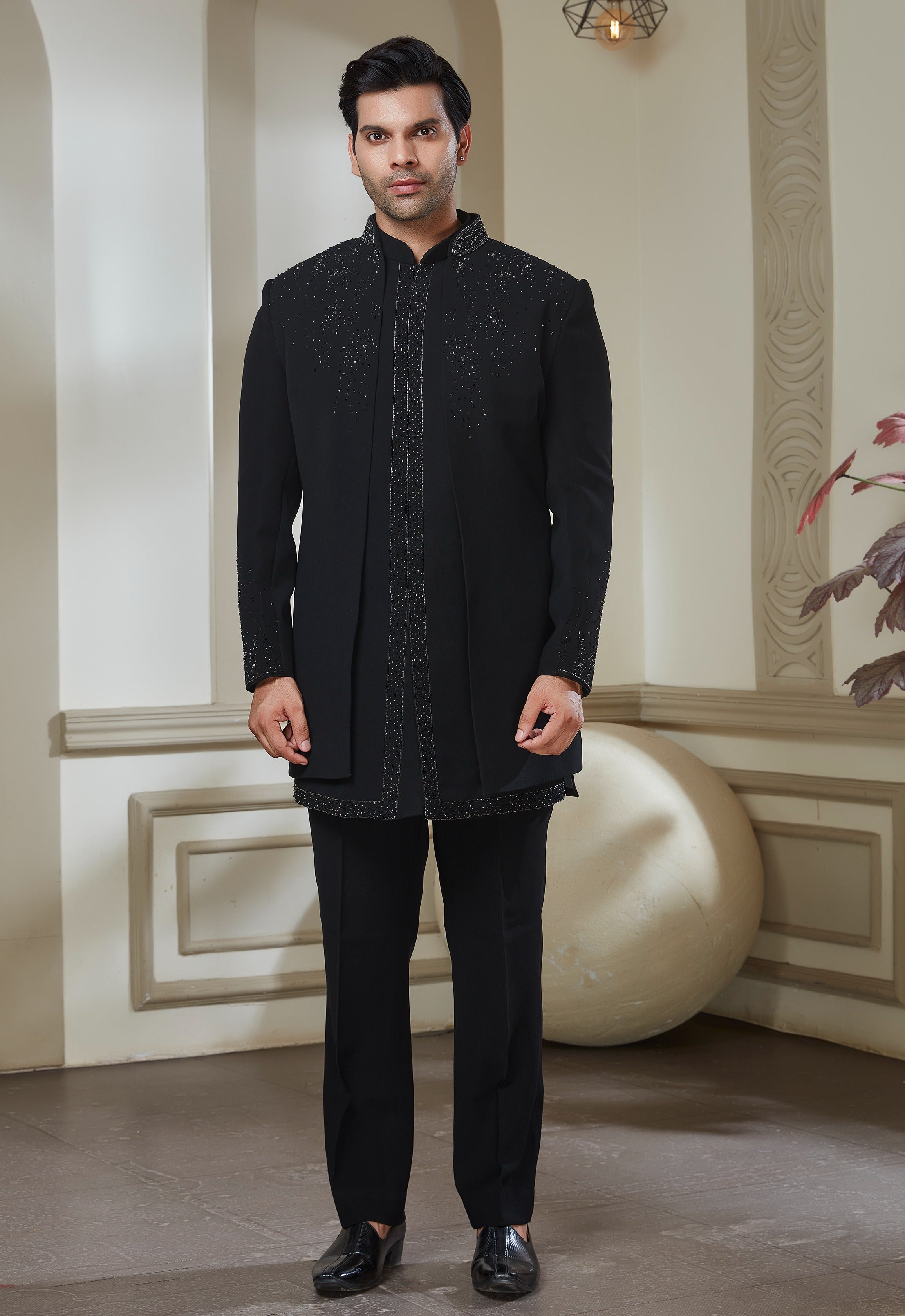 Black Minimal Embroidered Indowestern