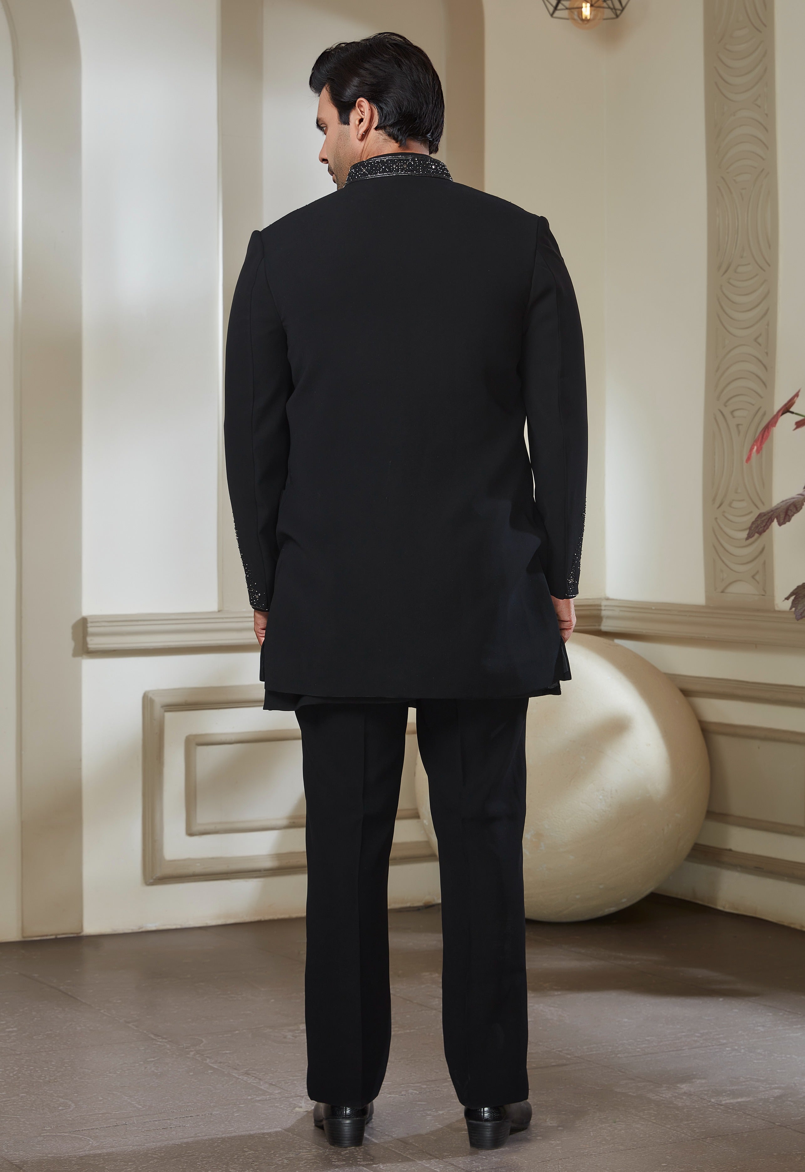Black Minimal Embroidered Indowestern