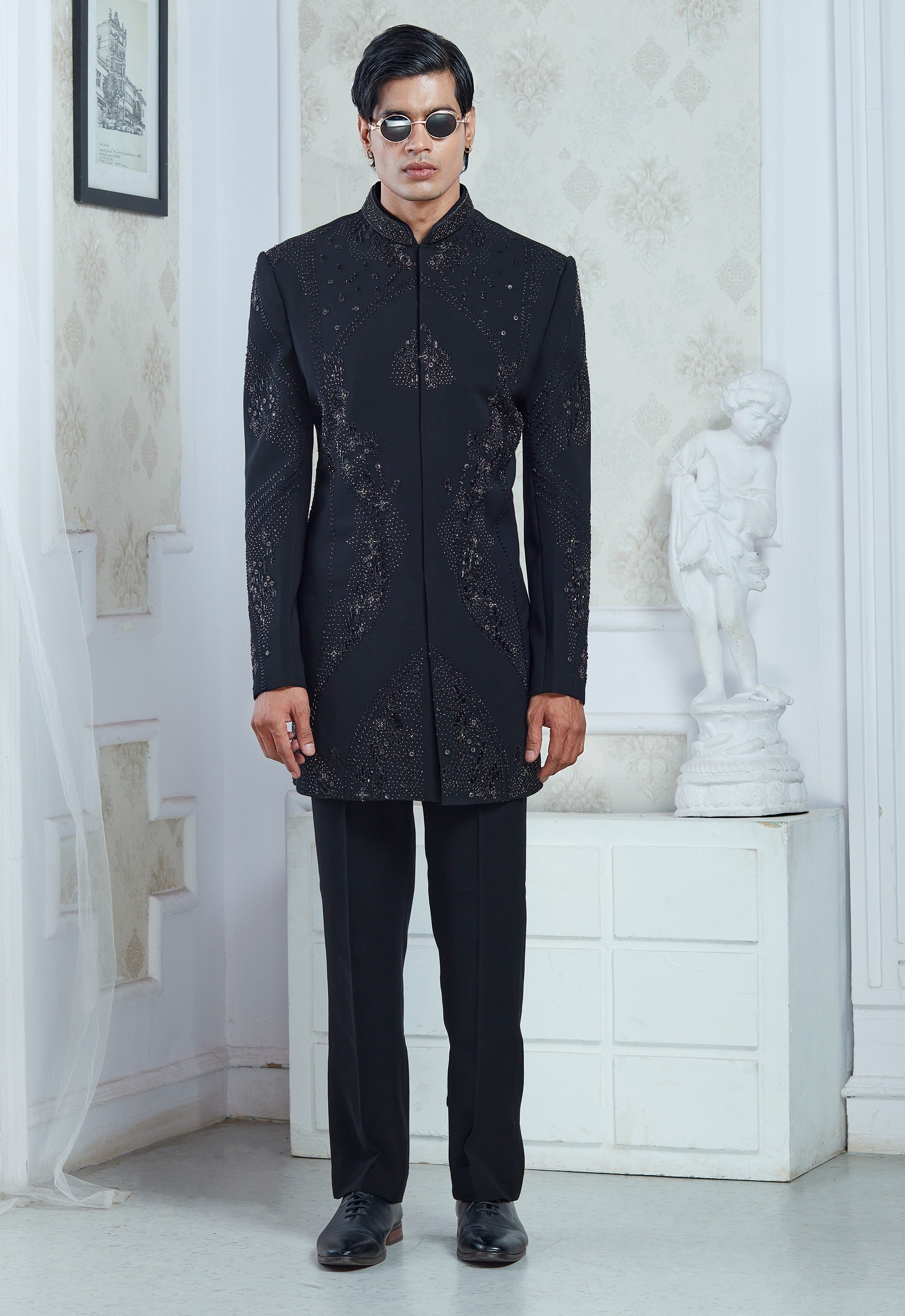 Black Embroidered Indowestern
