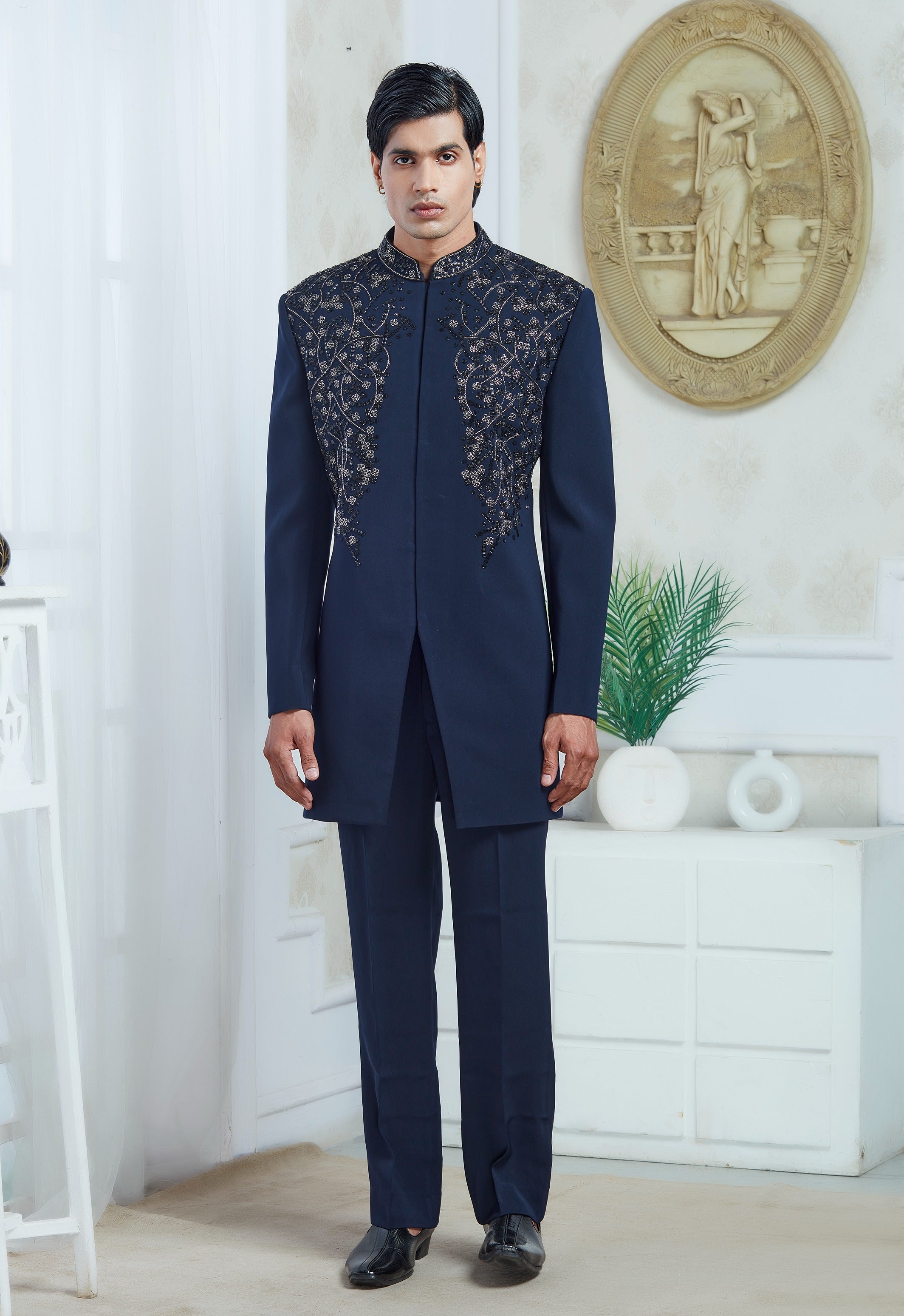 Embroidered Blue Indowestern Set