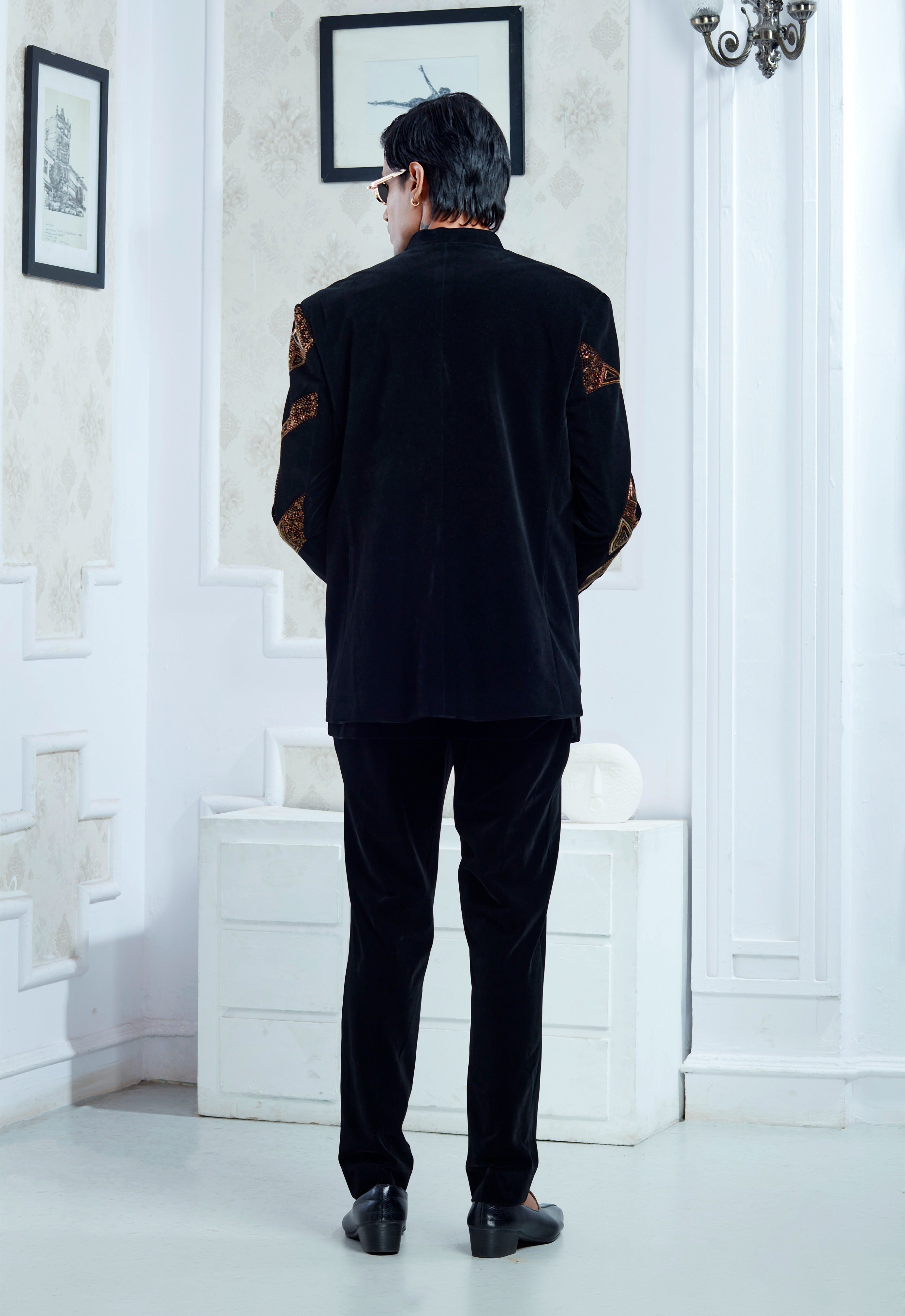 Embroidered Black Velvet Indowestern Set