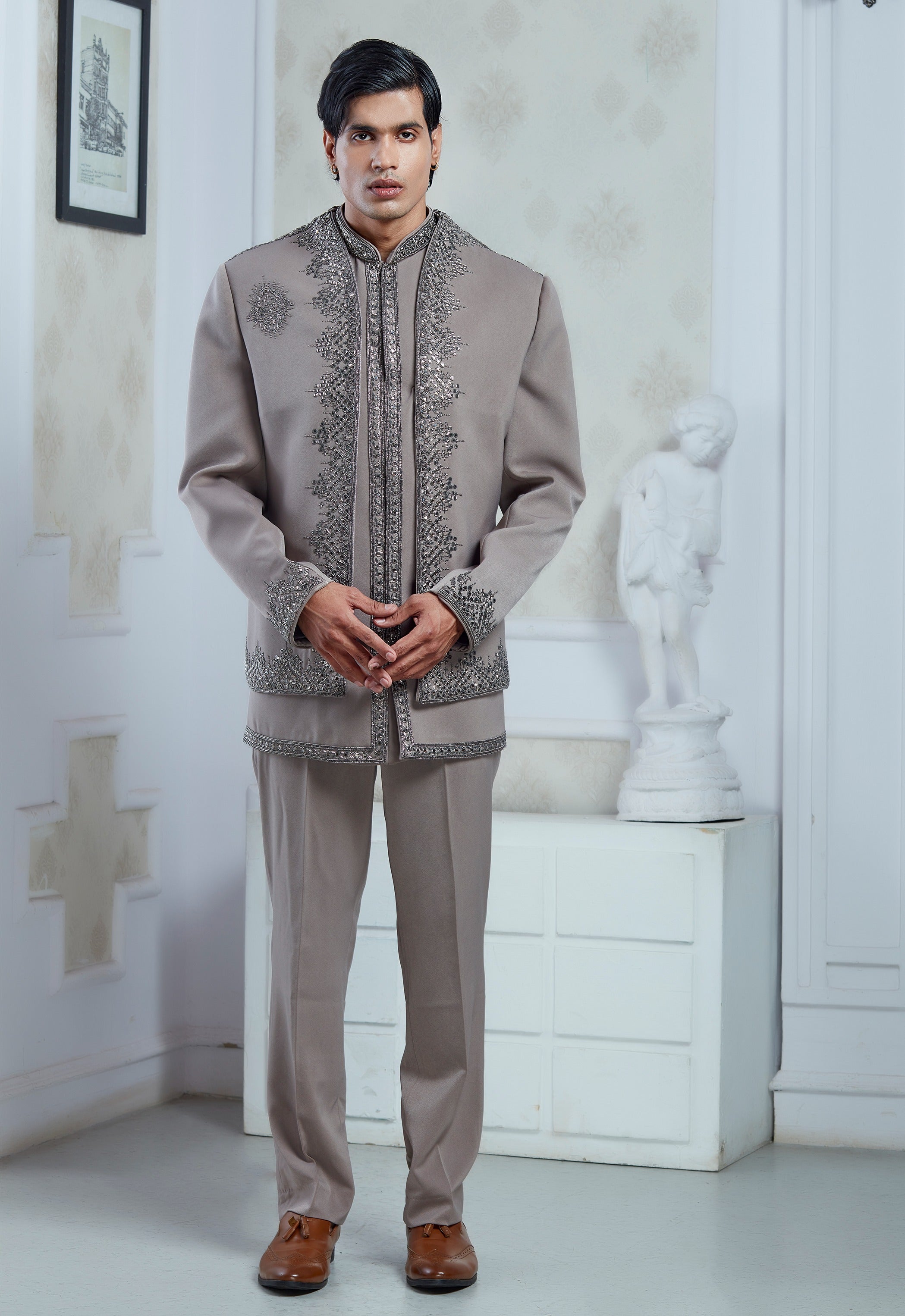Embroidered Sand Grey Indowestern Set