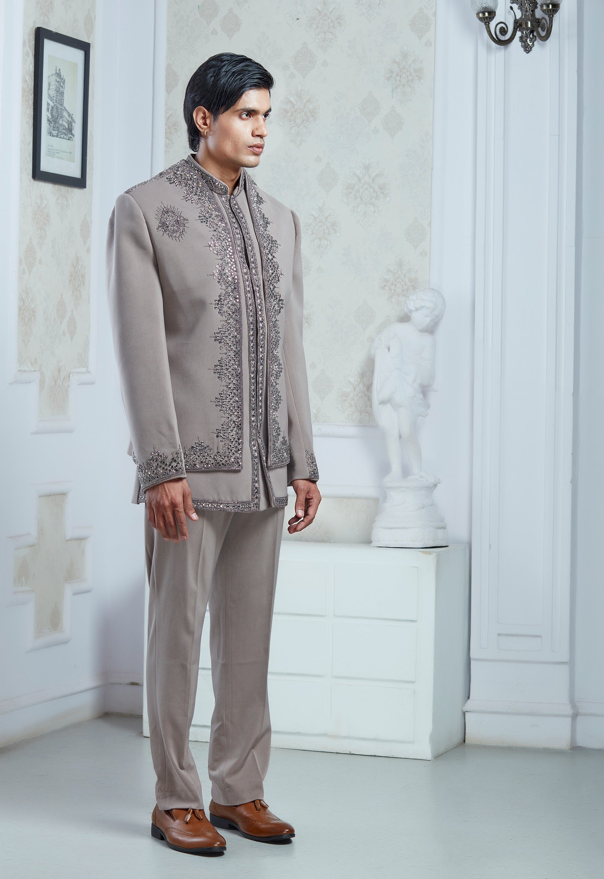 Embroidered Sand Grey Indowestern Set