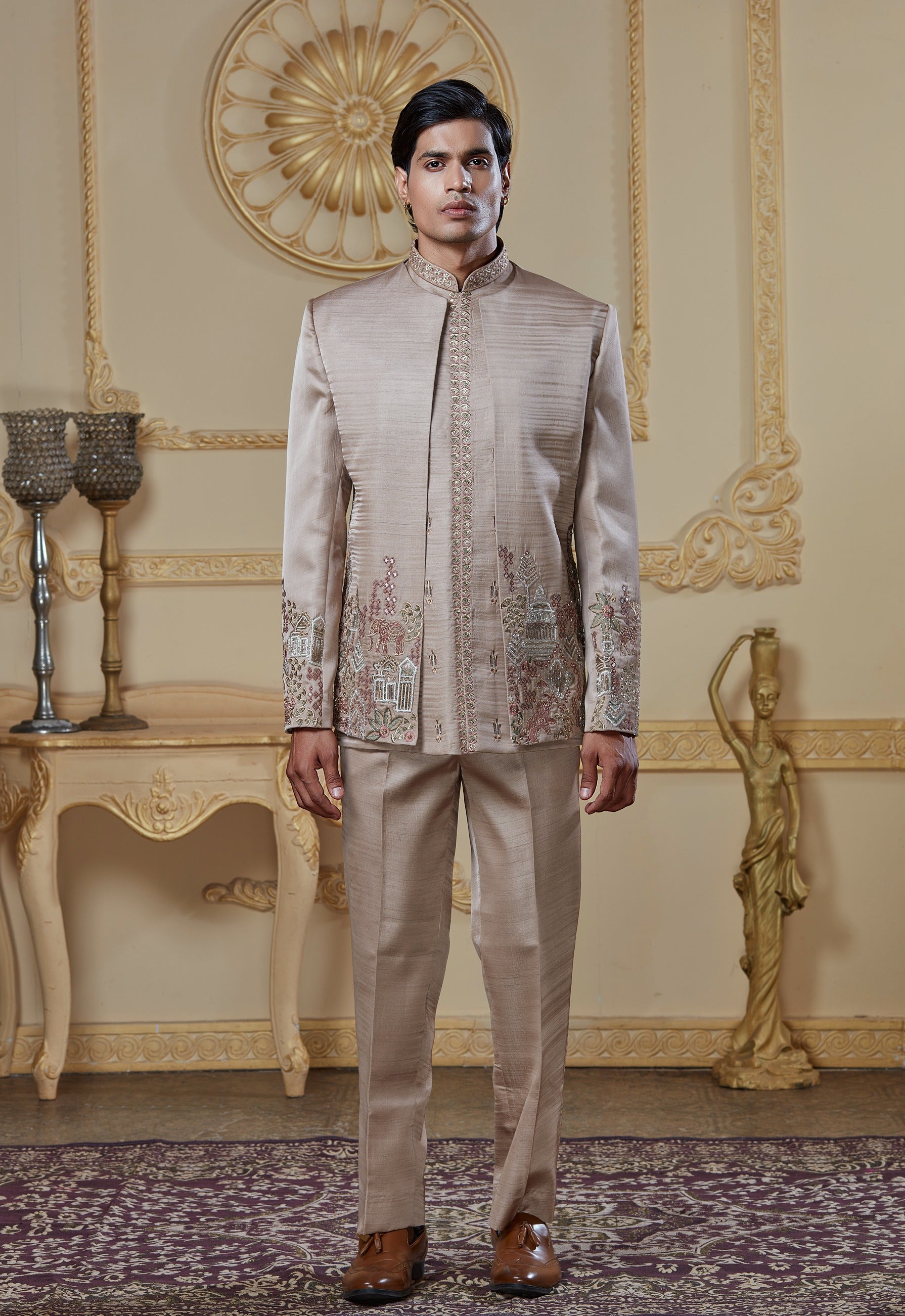 Tan Beige Embroidered Indowestern Set