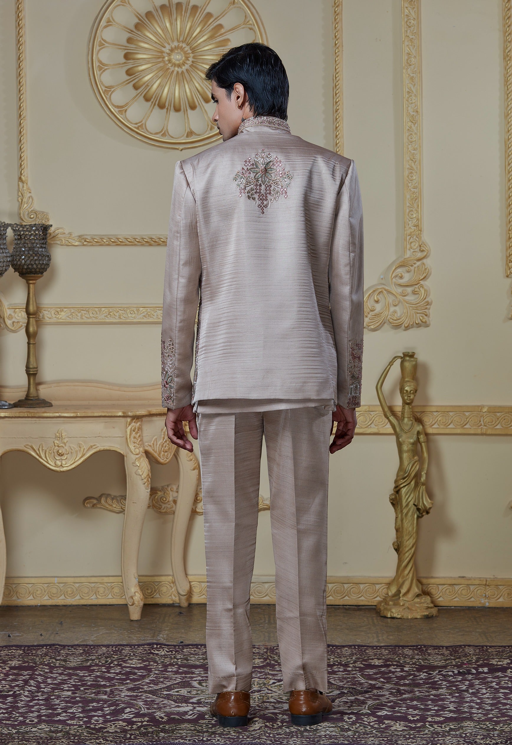 Tan Beige Embroidered Indowestern Set