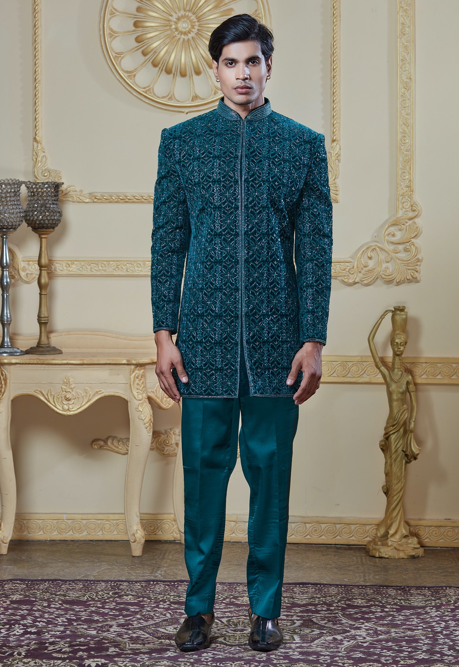 Teal Green Velvet Indowestern Set