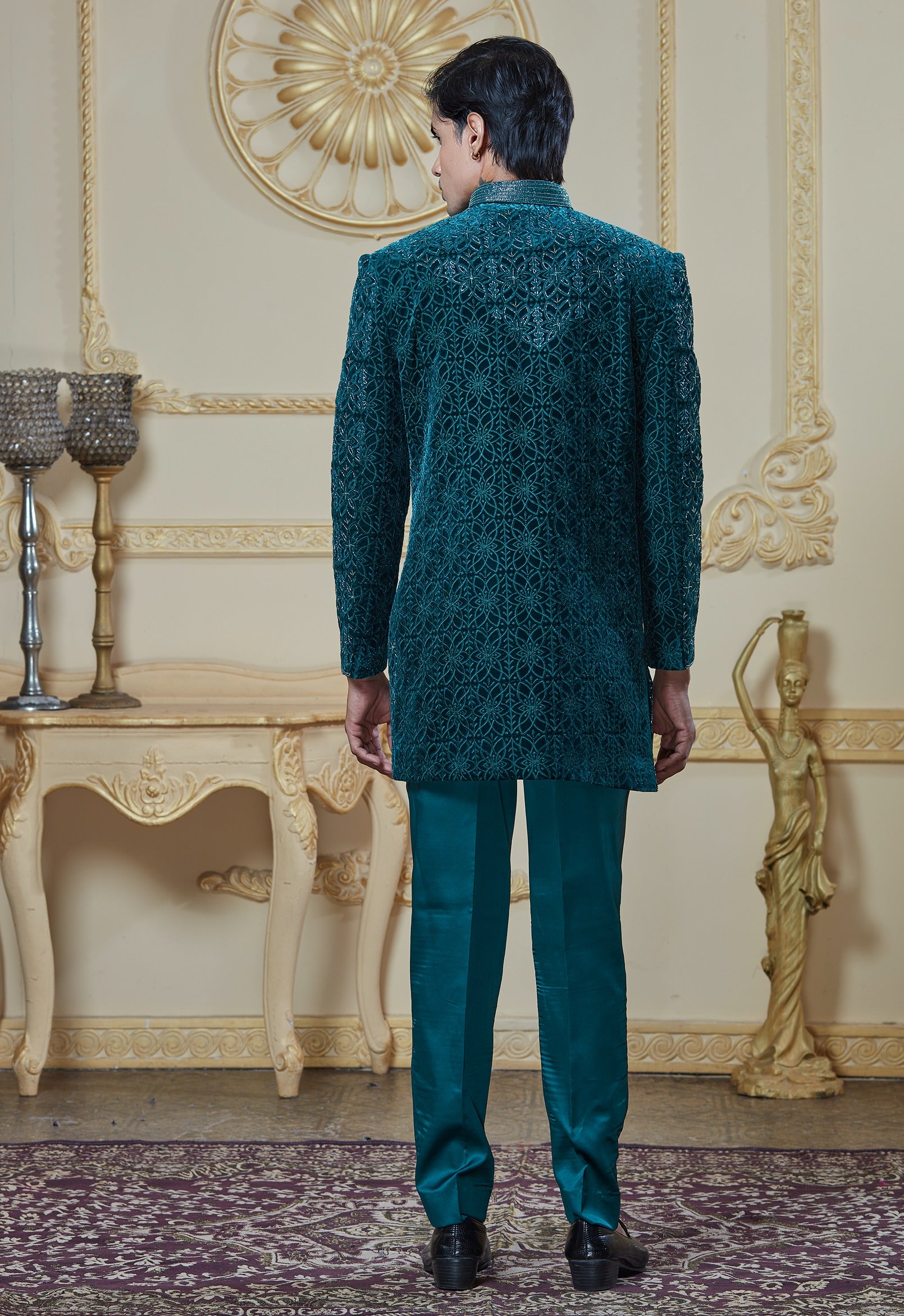 Teal Green Velvet Indowestern Set