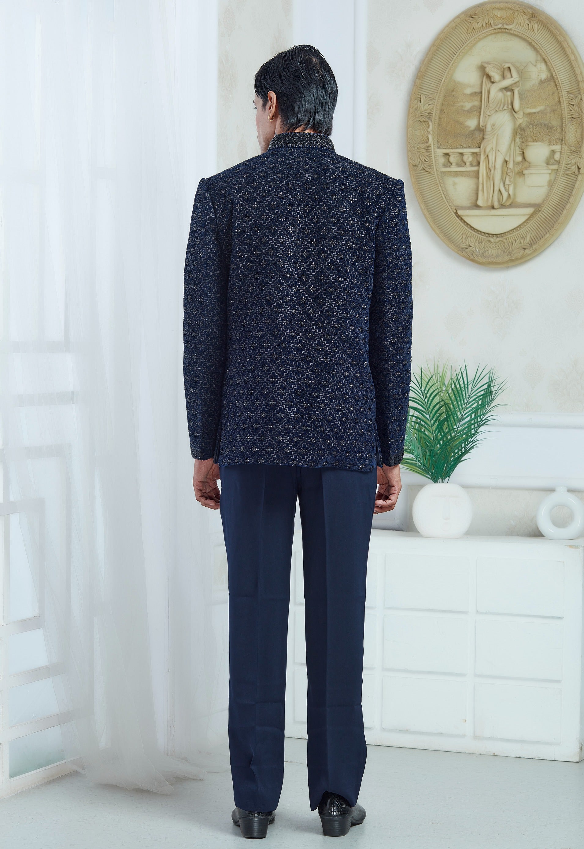 Navy Blue Embroidered Indowestern