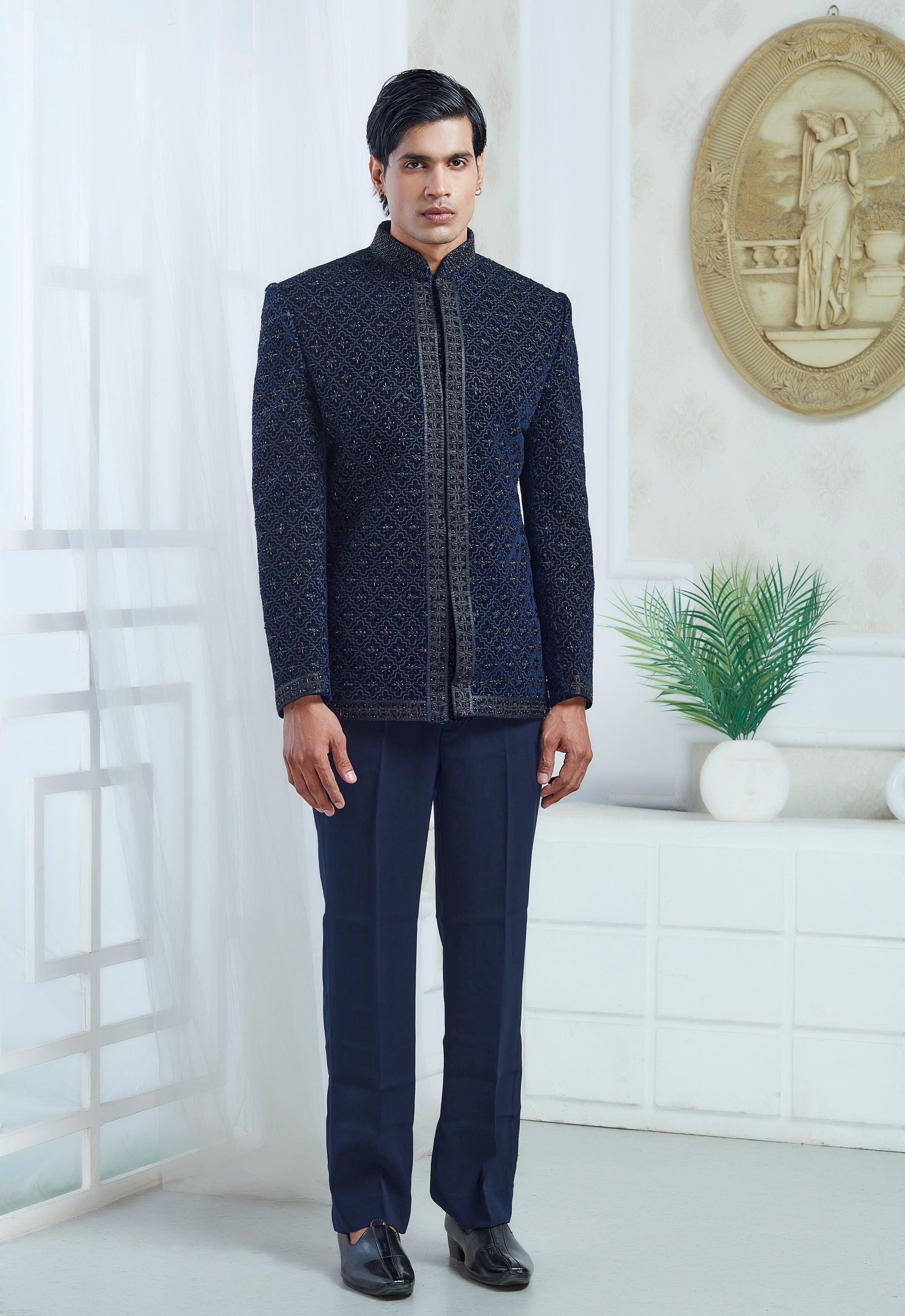 Navy Blue Embroidered Indowestern