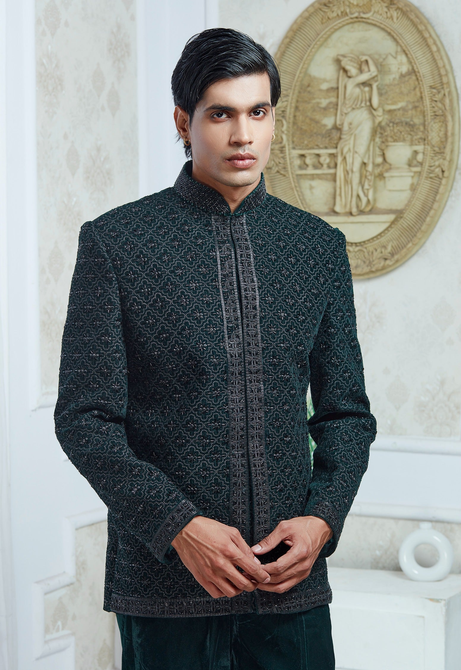 Green Embroidered Indowestern
