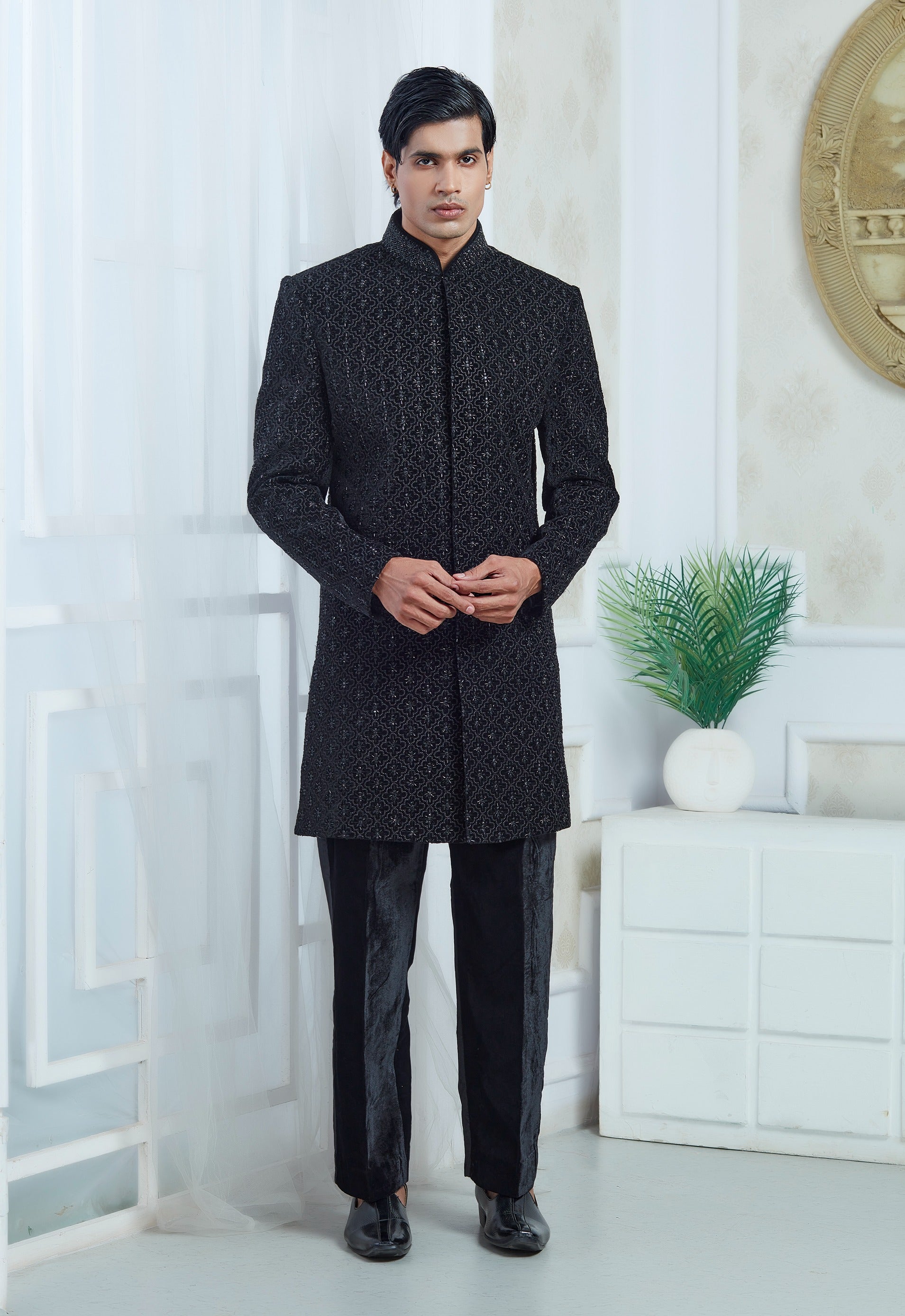 Black Embroidered Indowestern