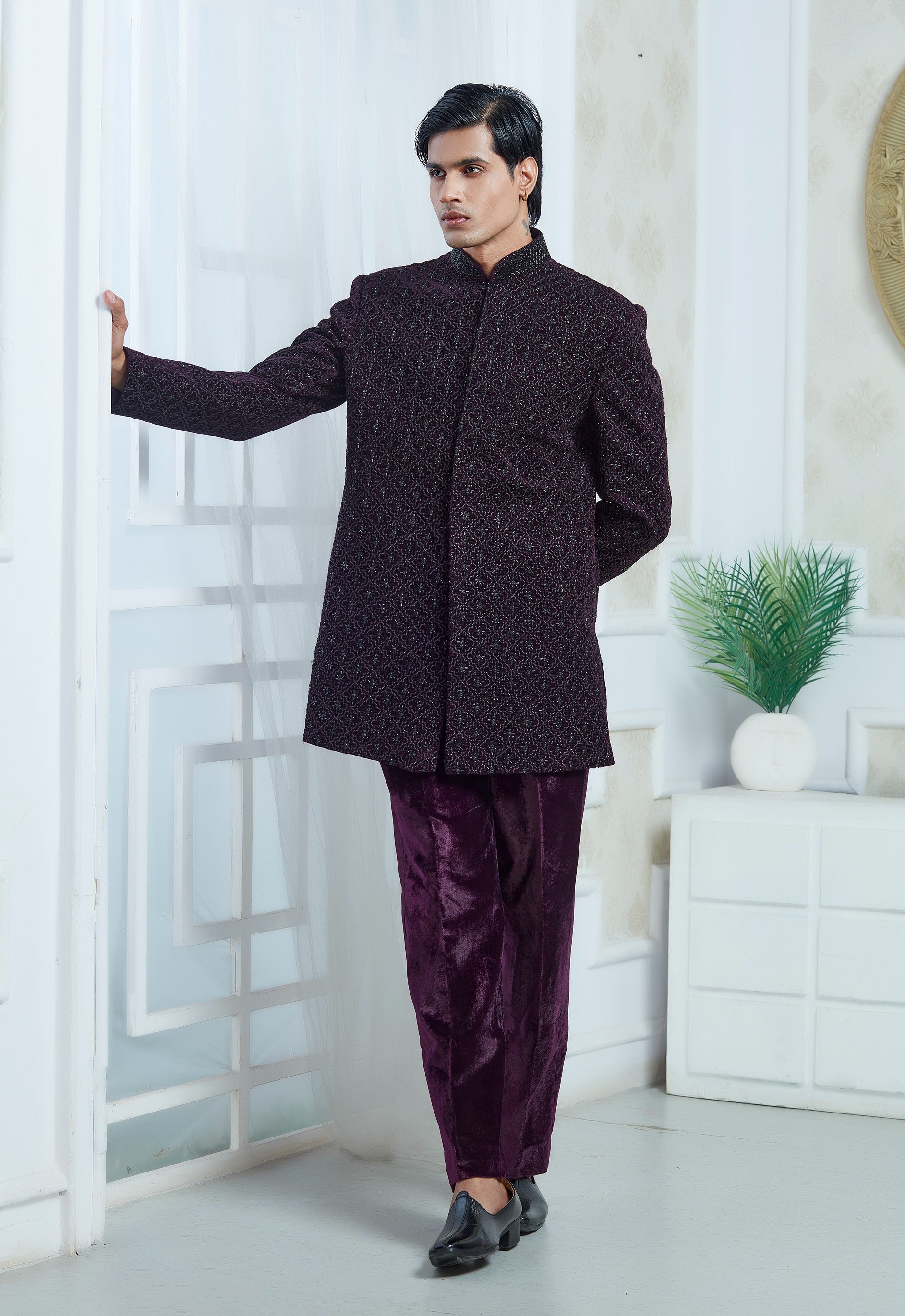 Purple Embroidered Indowestern