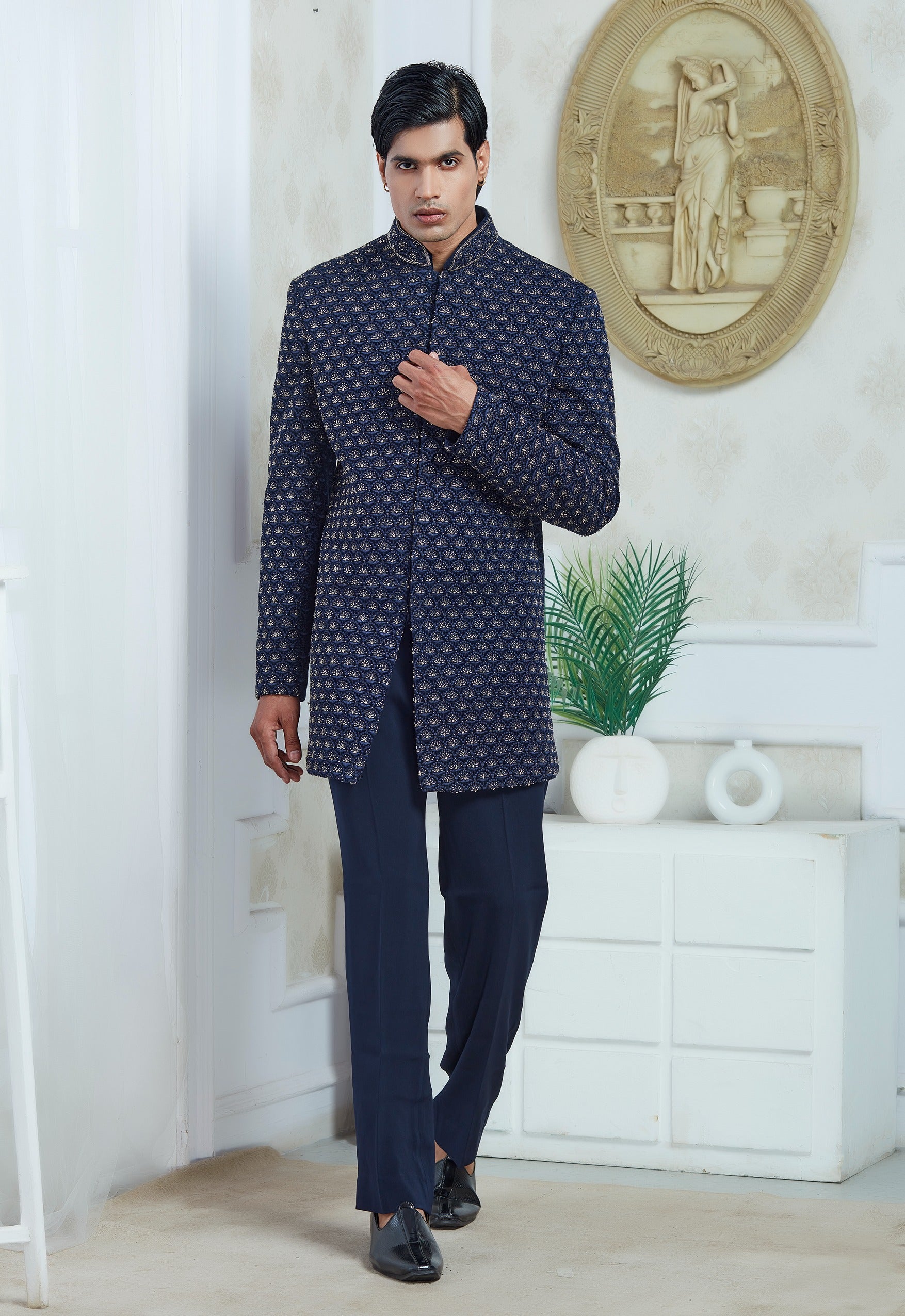 Blue Embroidered Indowestern