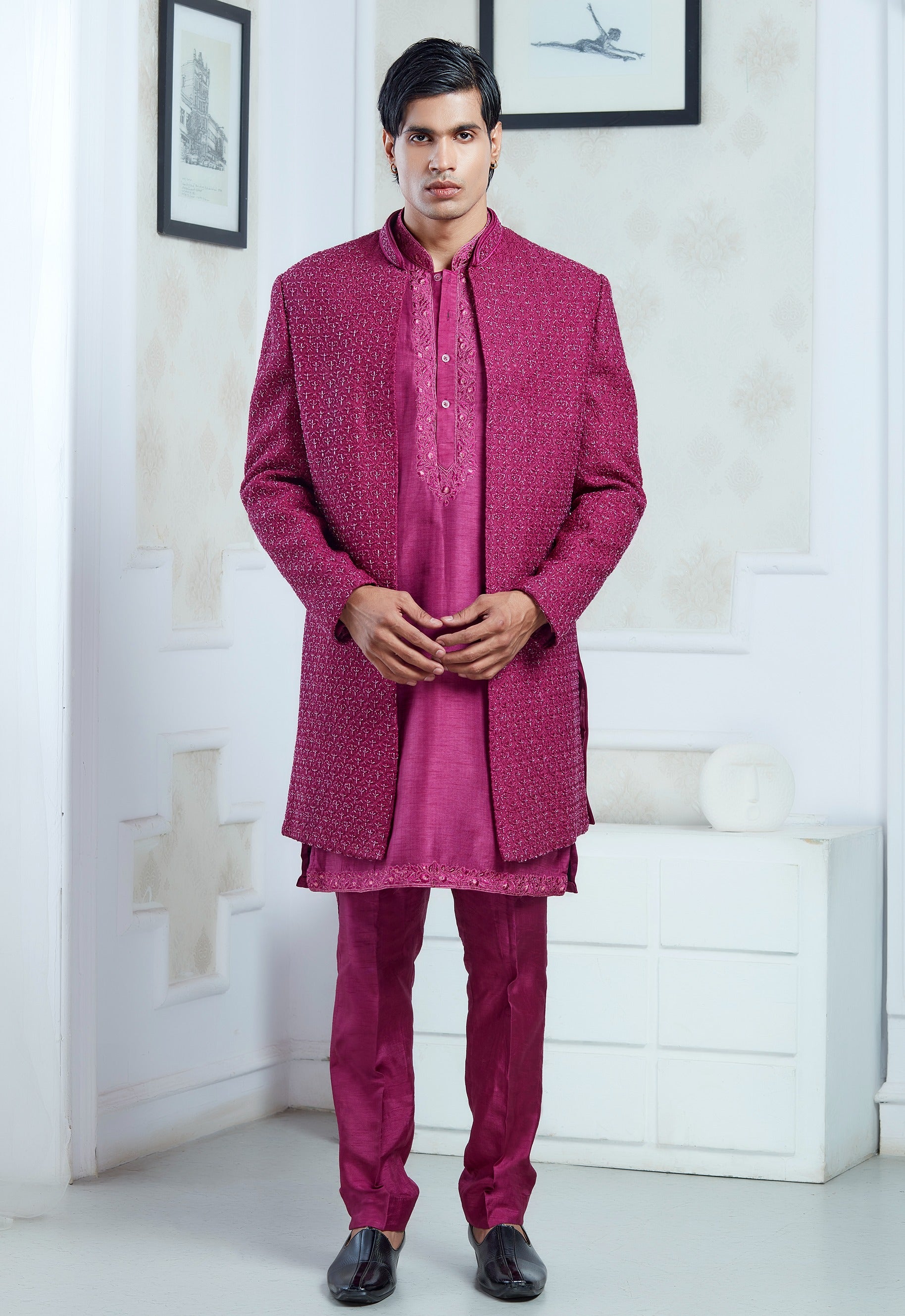 Magenta Embroidered Indowestern Set