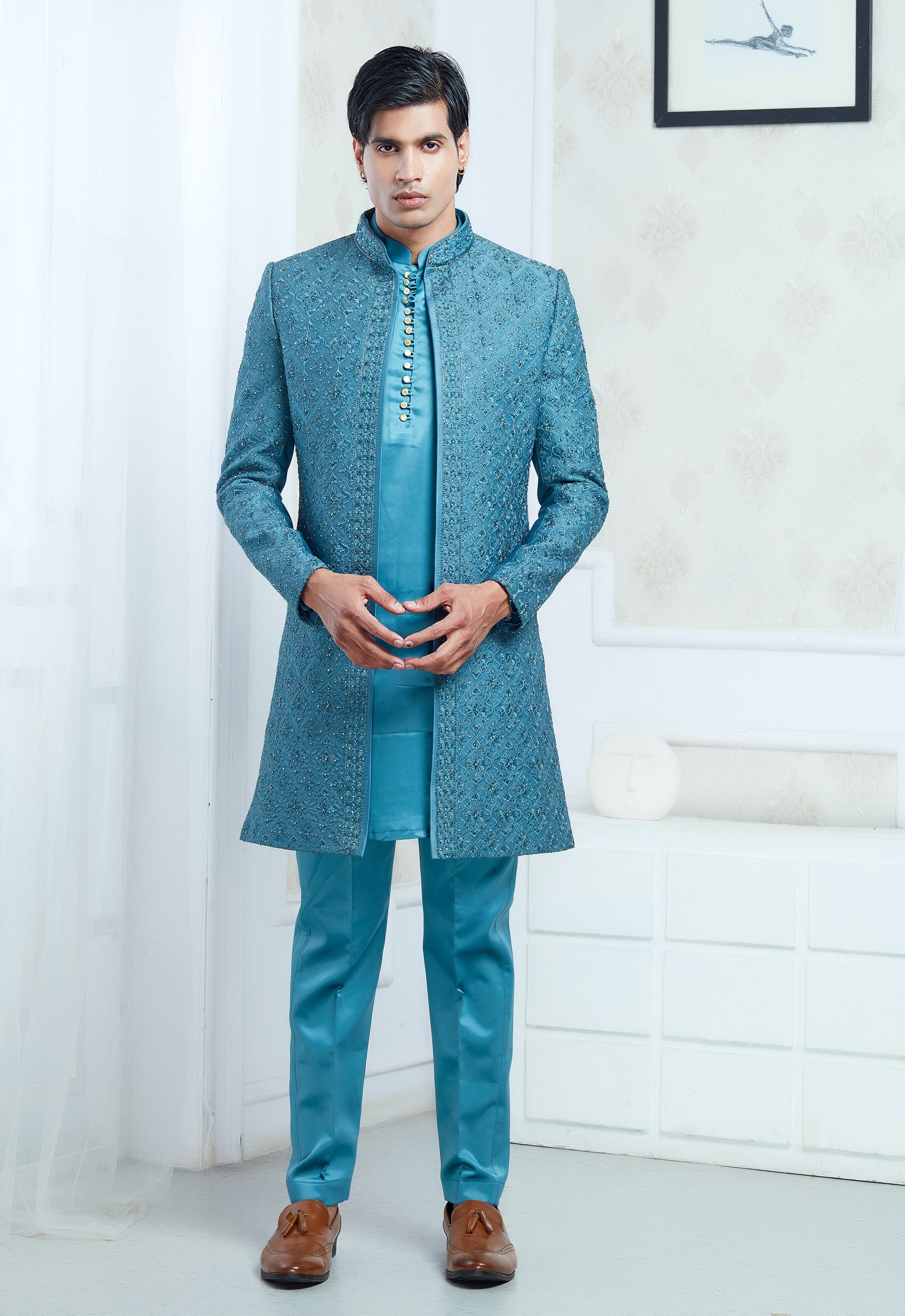 Aqua Blue Embroidered Indowestern Set