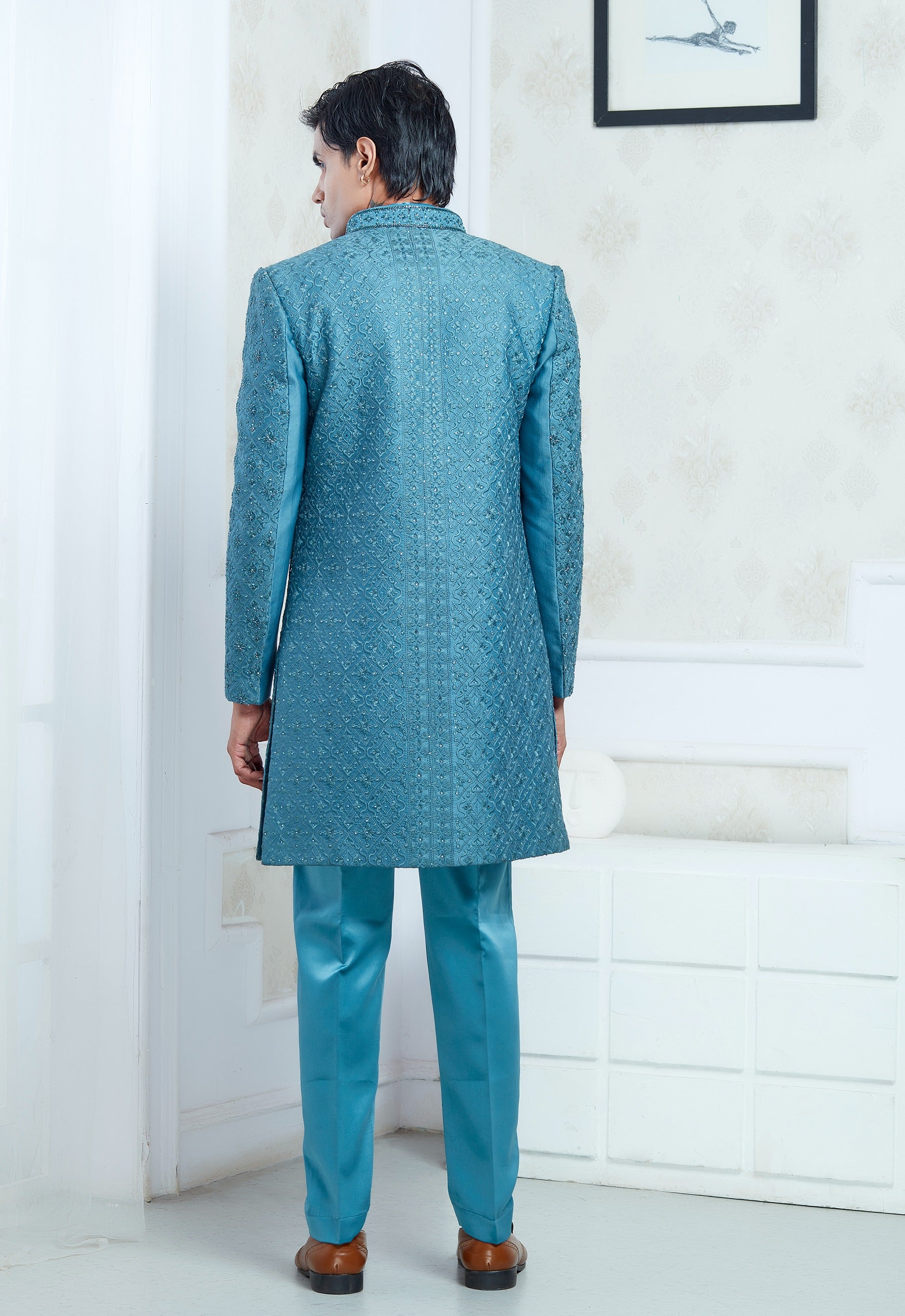 Aqua Blue Embroidered Indowestern Set