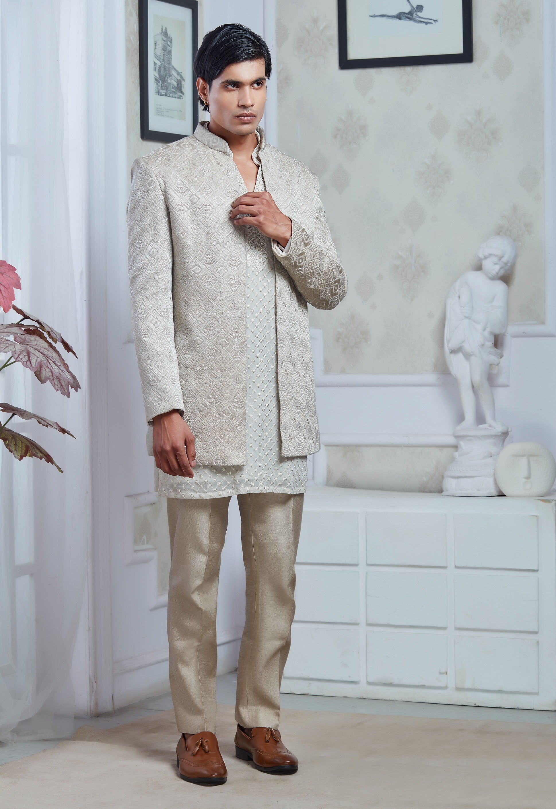 Beige Embroidered Indowestern Set