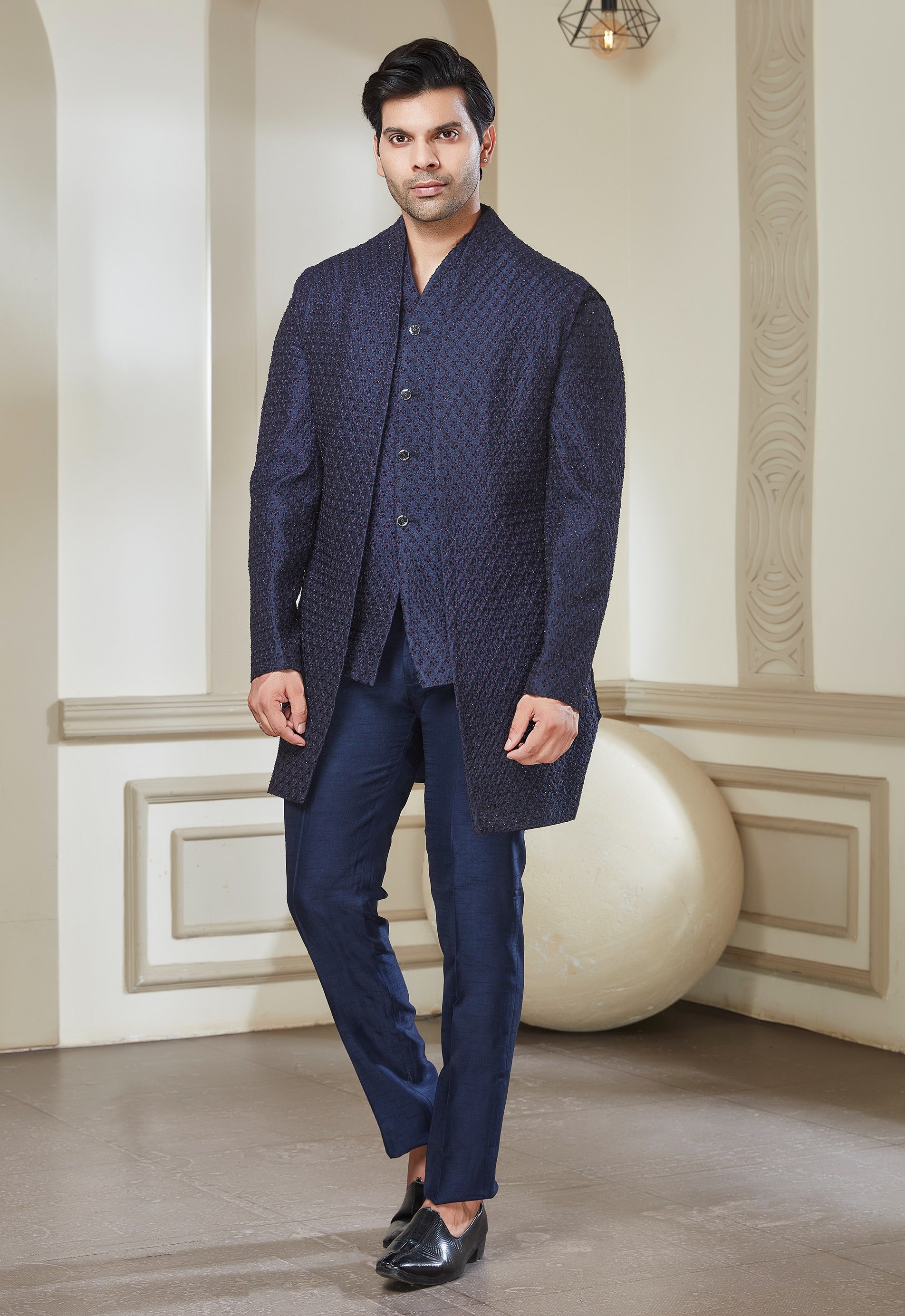 Navy Blue Embroidered Indowestern