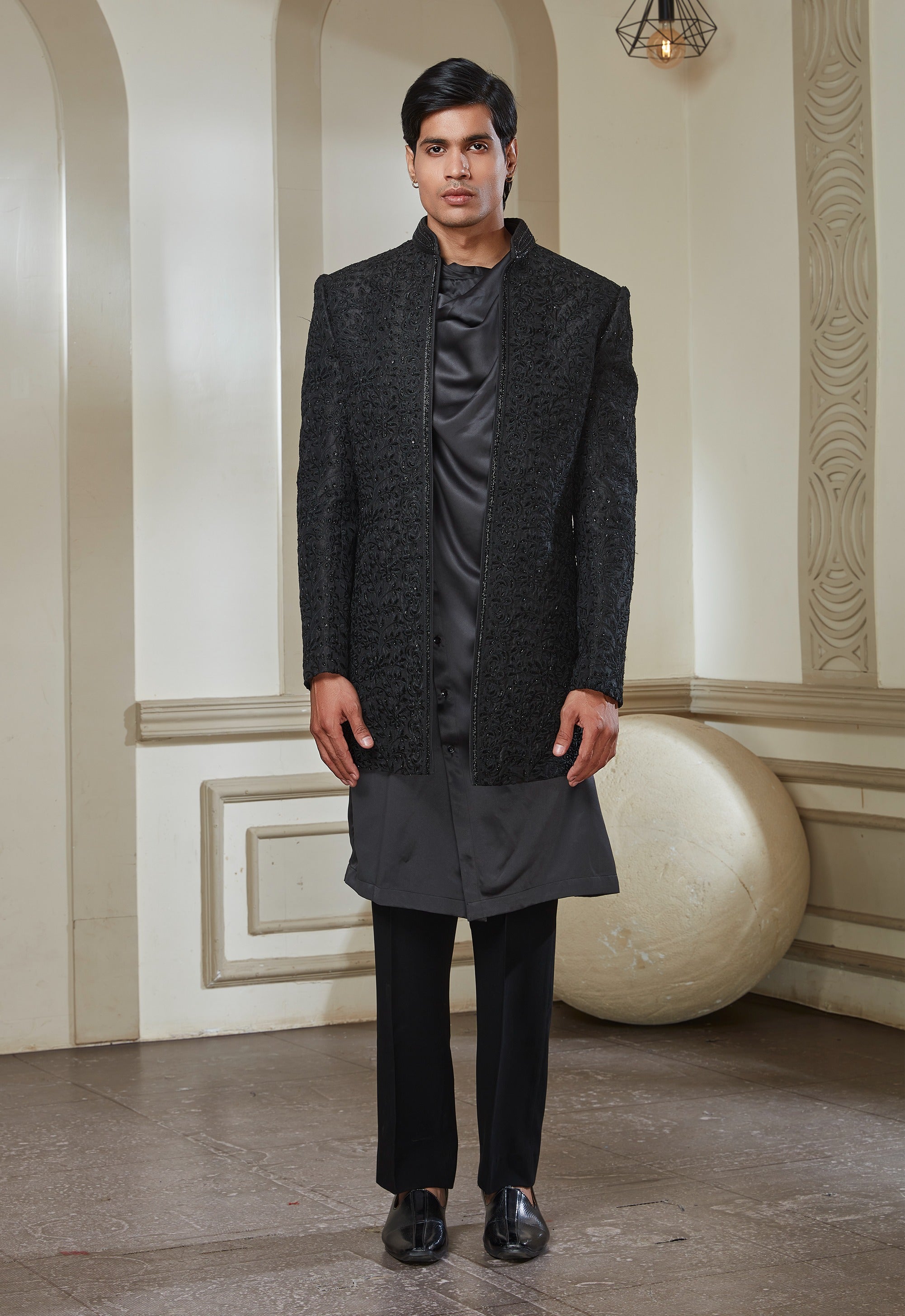 Black Embroidered Indowestern Set