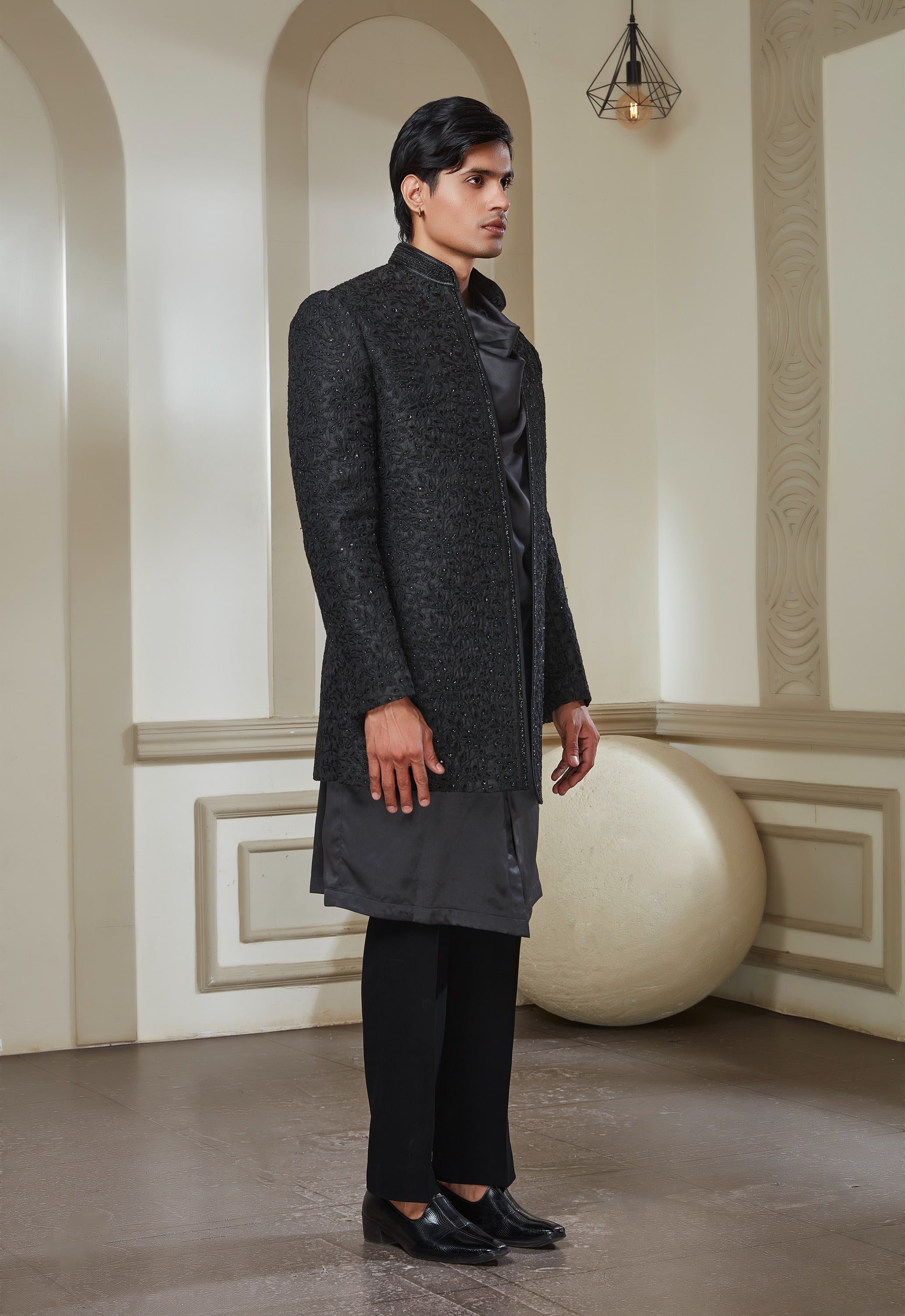 Black Embroidered Indowestern Set