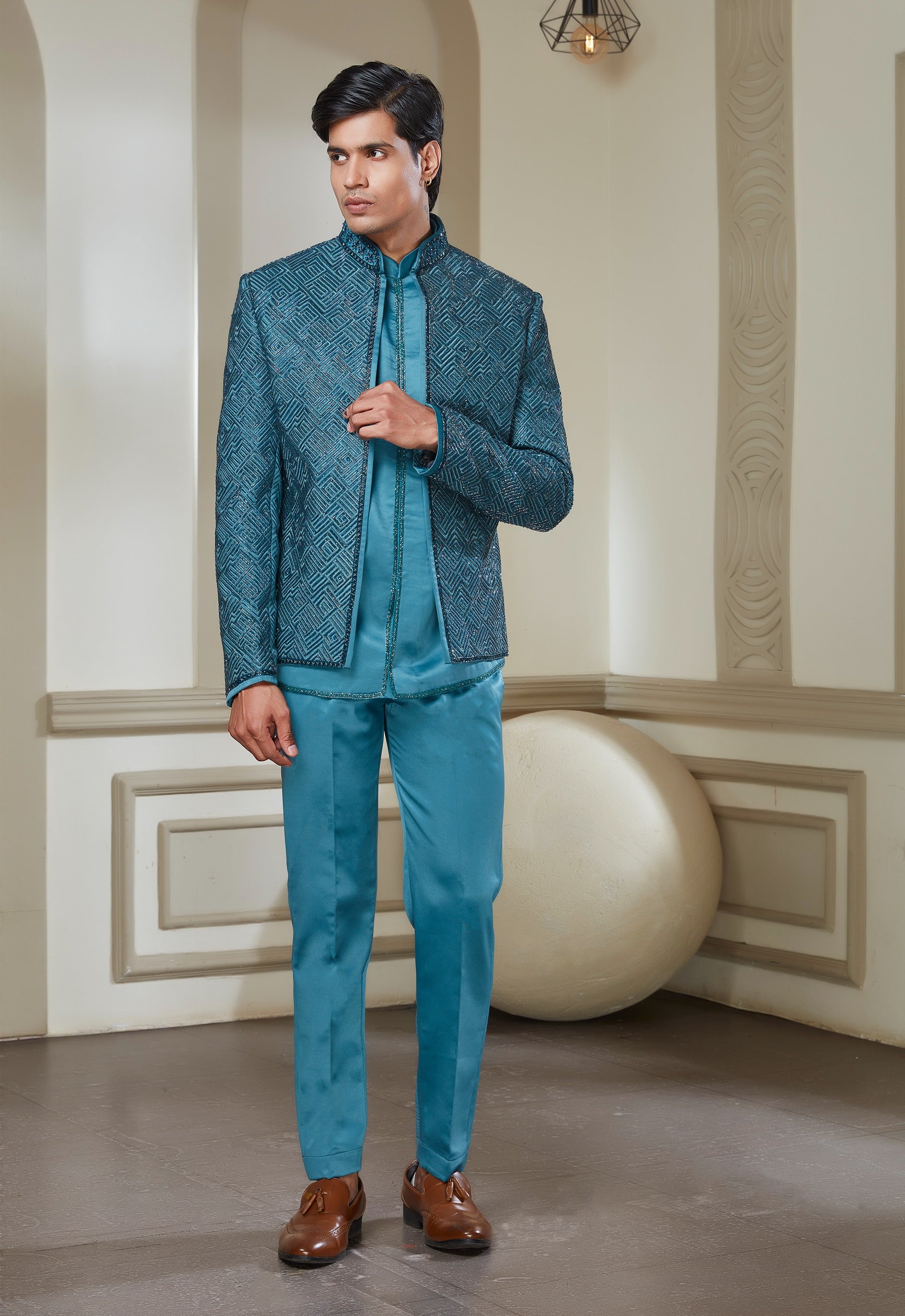 Aqua Blue Short Indowestern Set