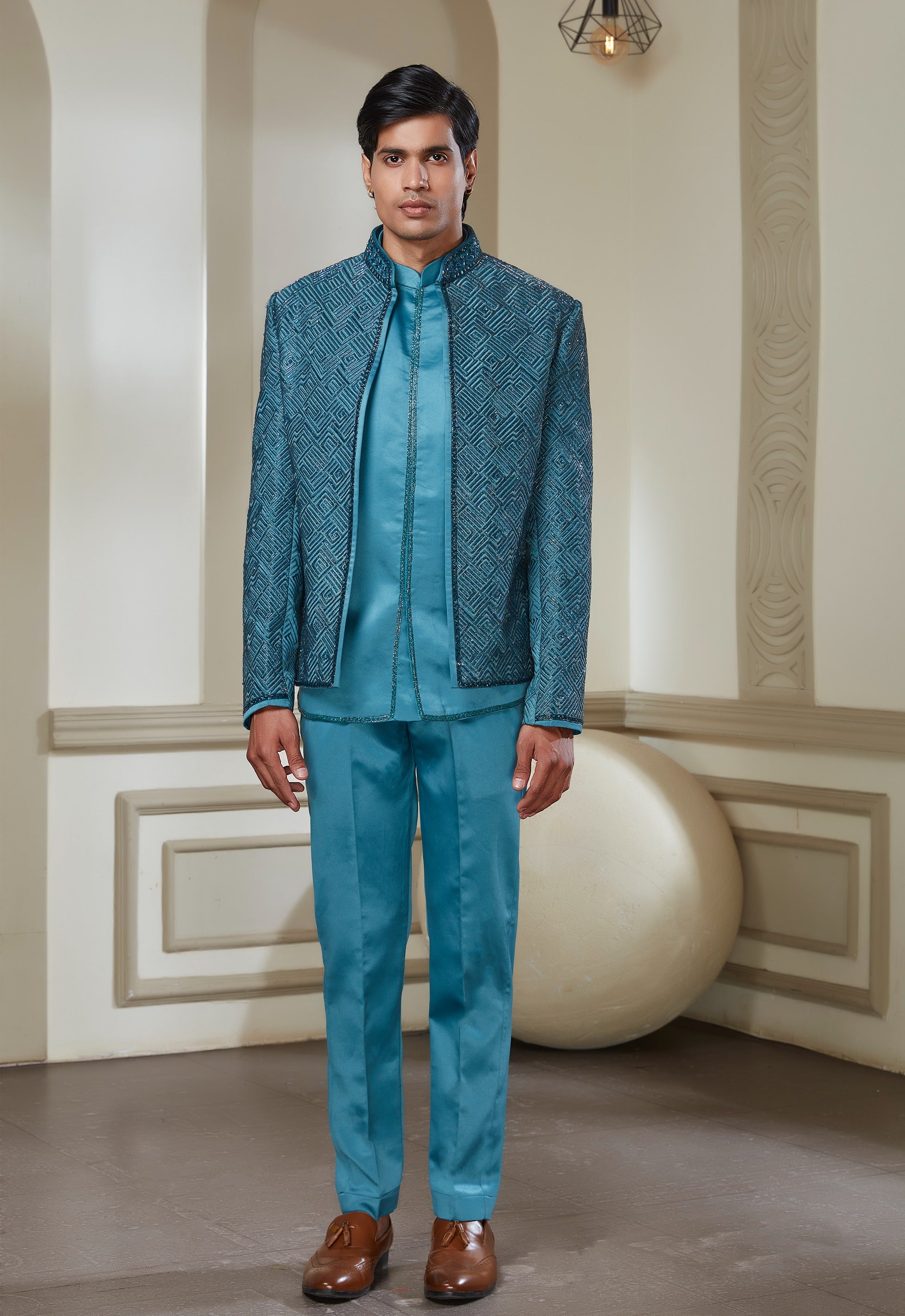 Aqua Blue Short Indowestern Set