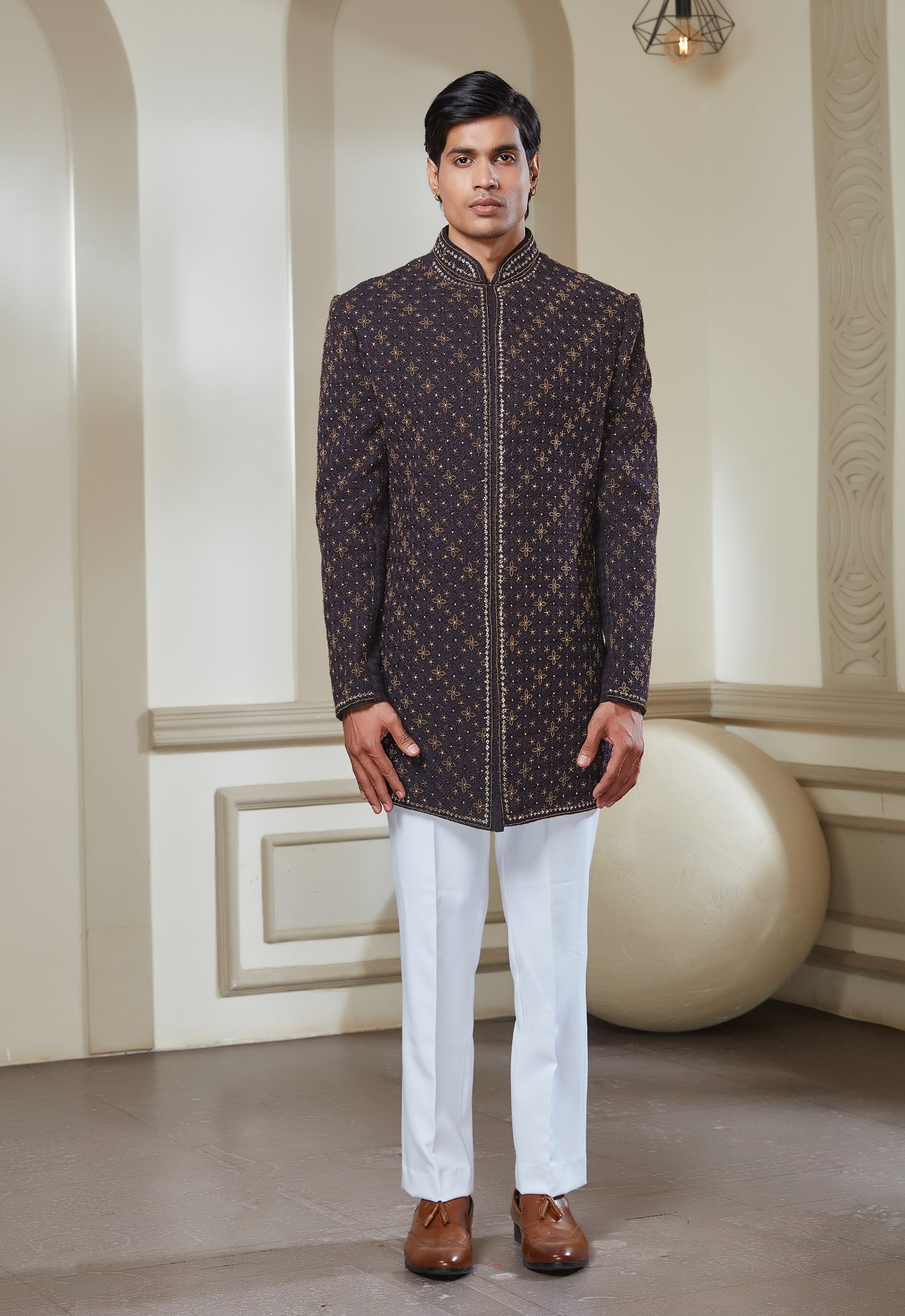 Dark Purple Embroidered Indowestern Set