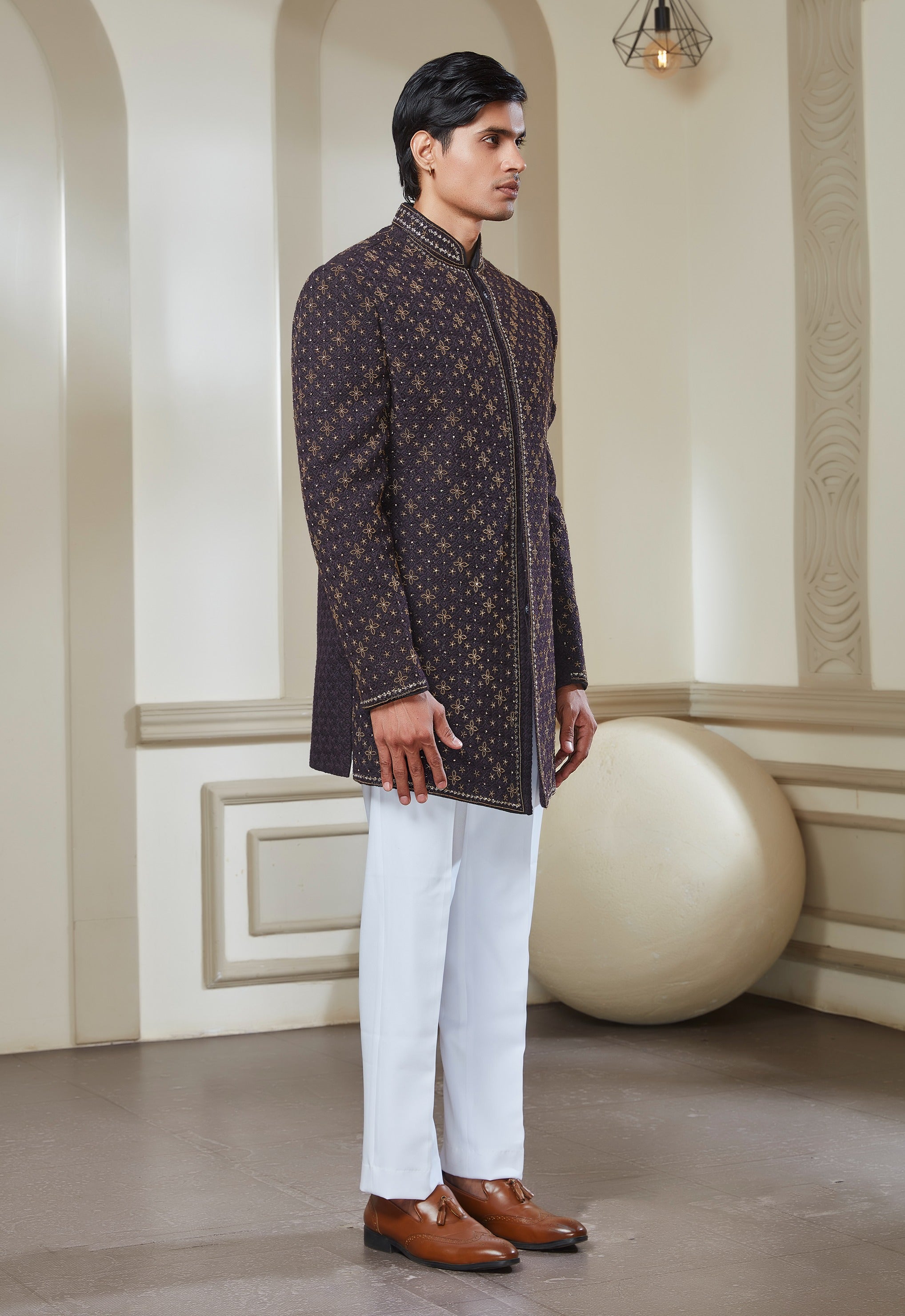 Dark Purple Embroidered Indowestern Set