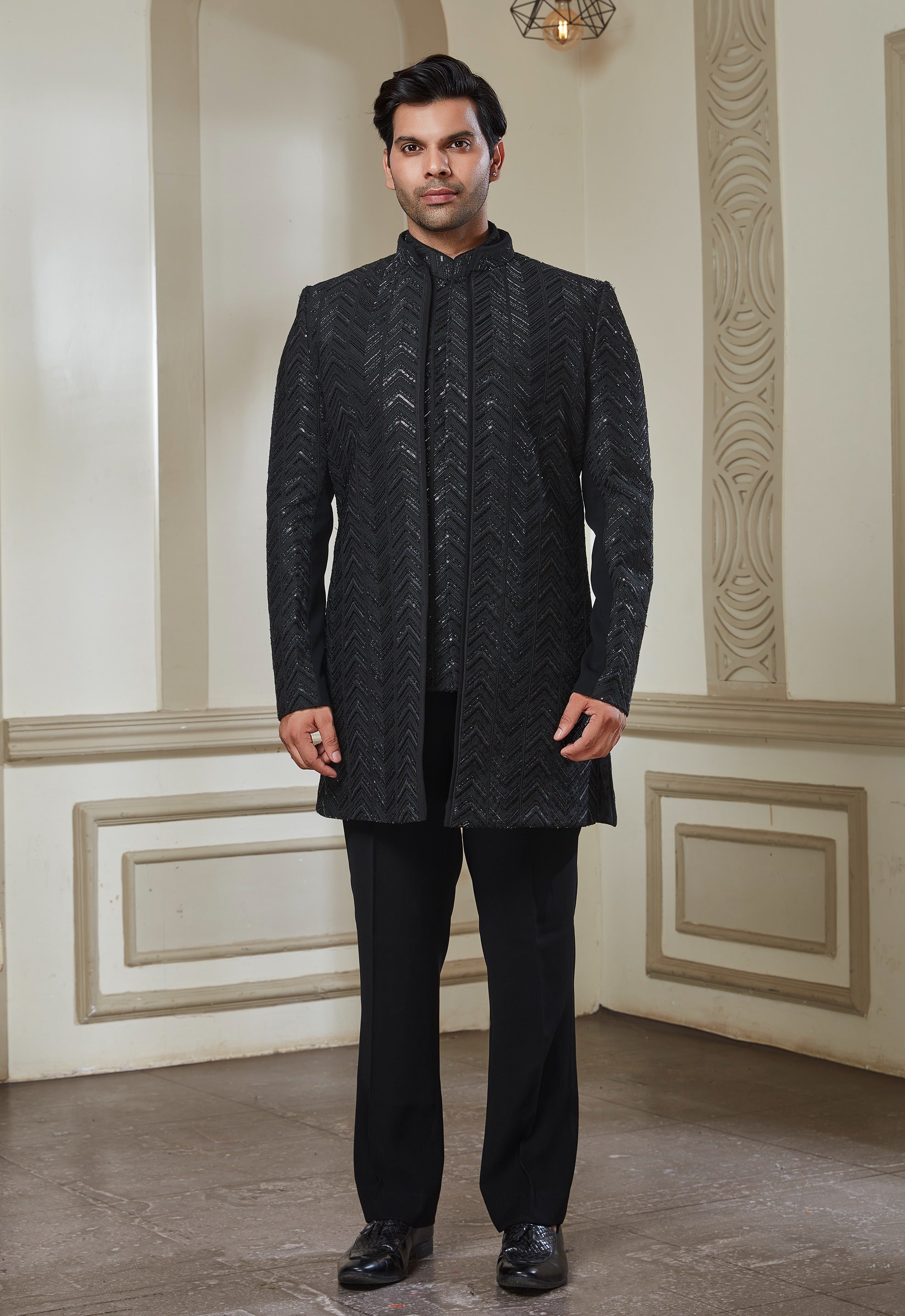 Black Embroidered Indowestern Set