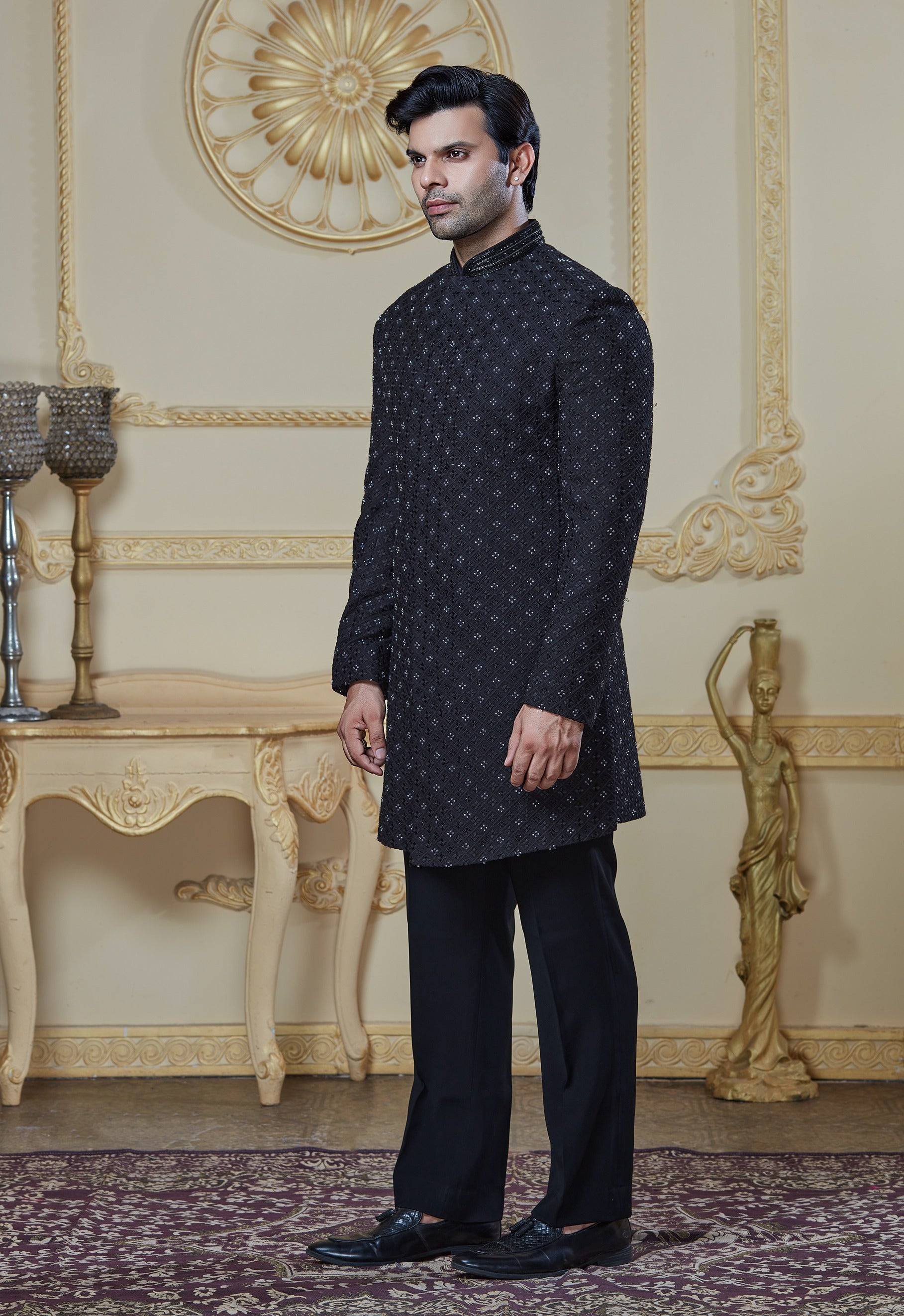 Black Embroidered Achkan