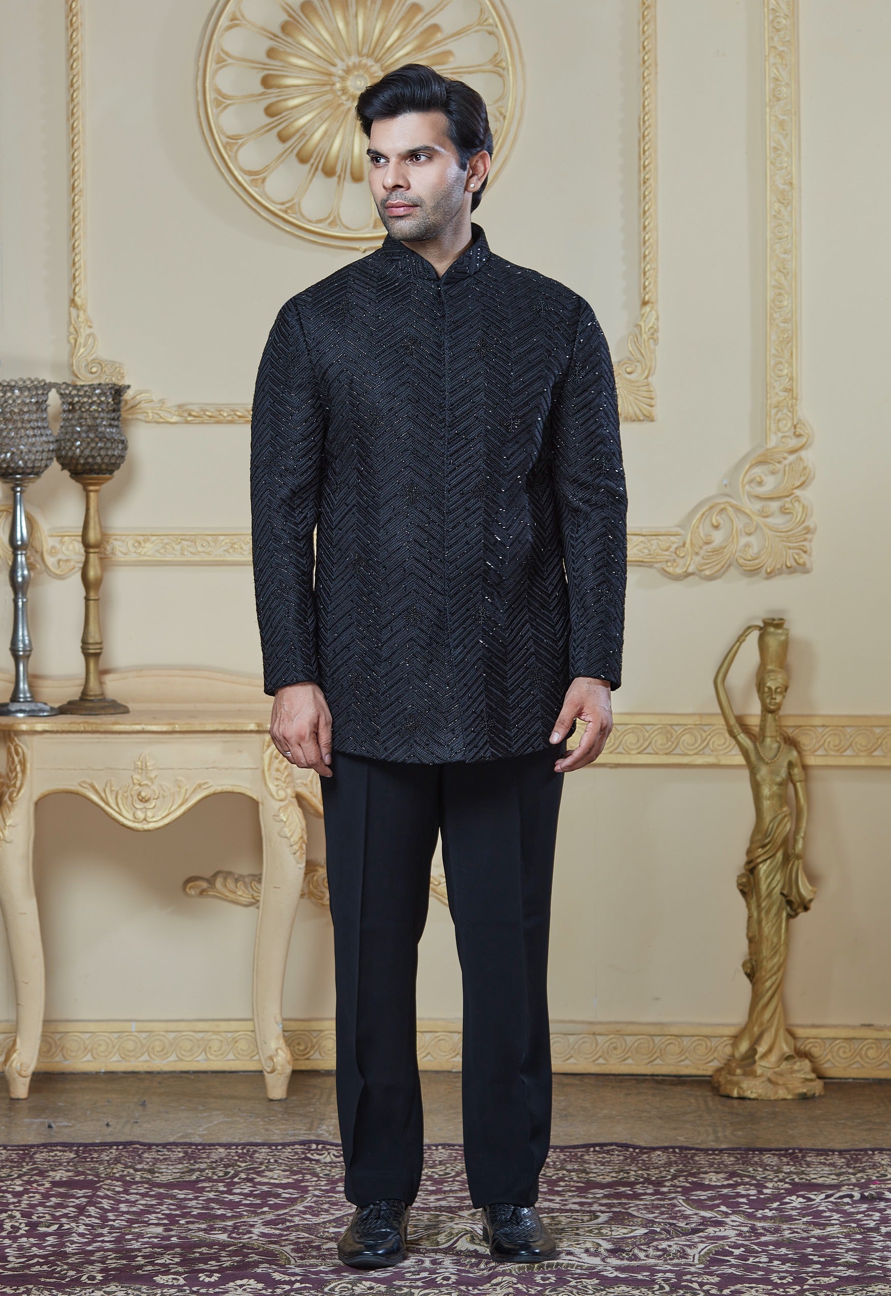 Black Herringbone Indowestern Set