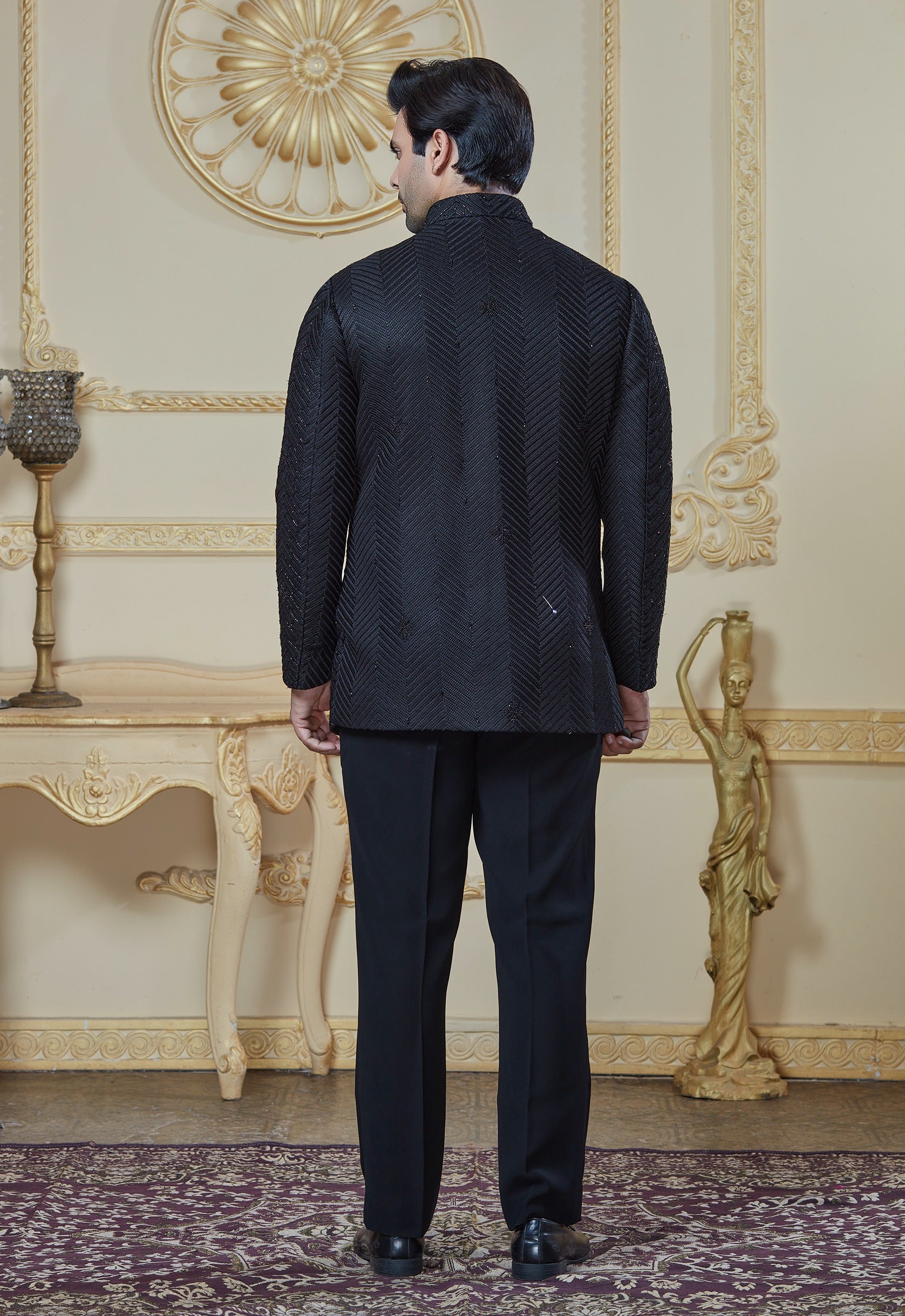 Black Herringbone Indowestern Set