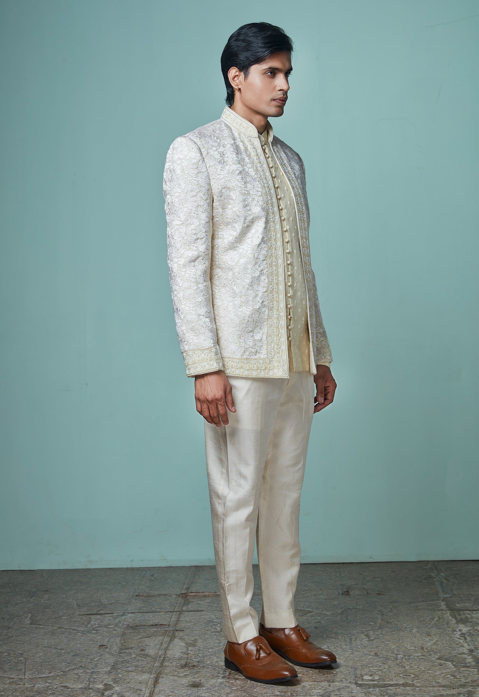 Off White Embroidered Indowestern Set