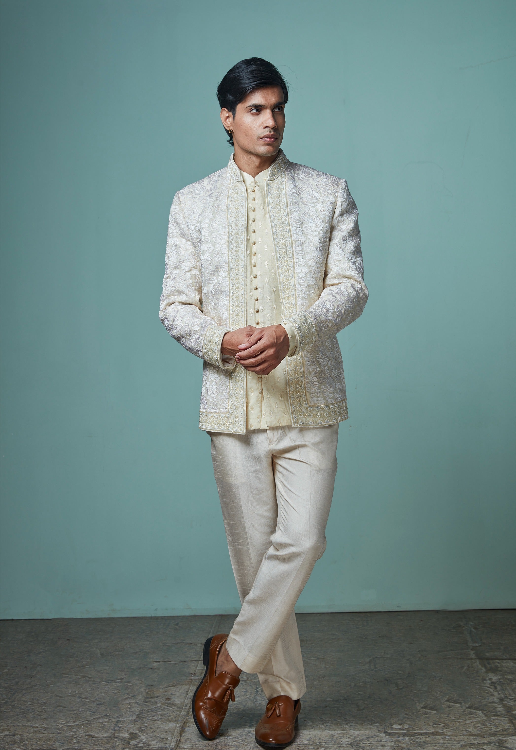 Off White Embroidered Indowestern Set